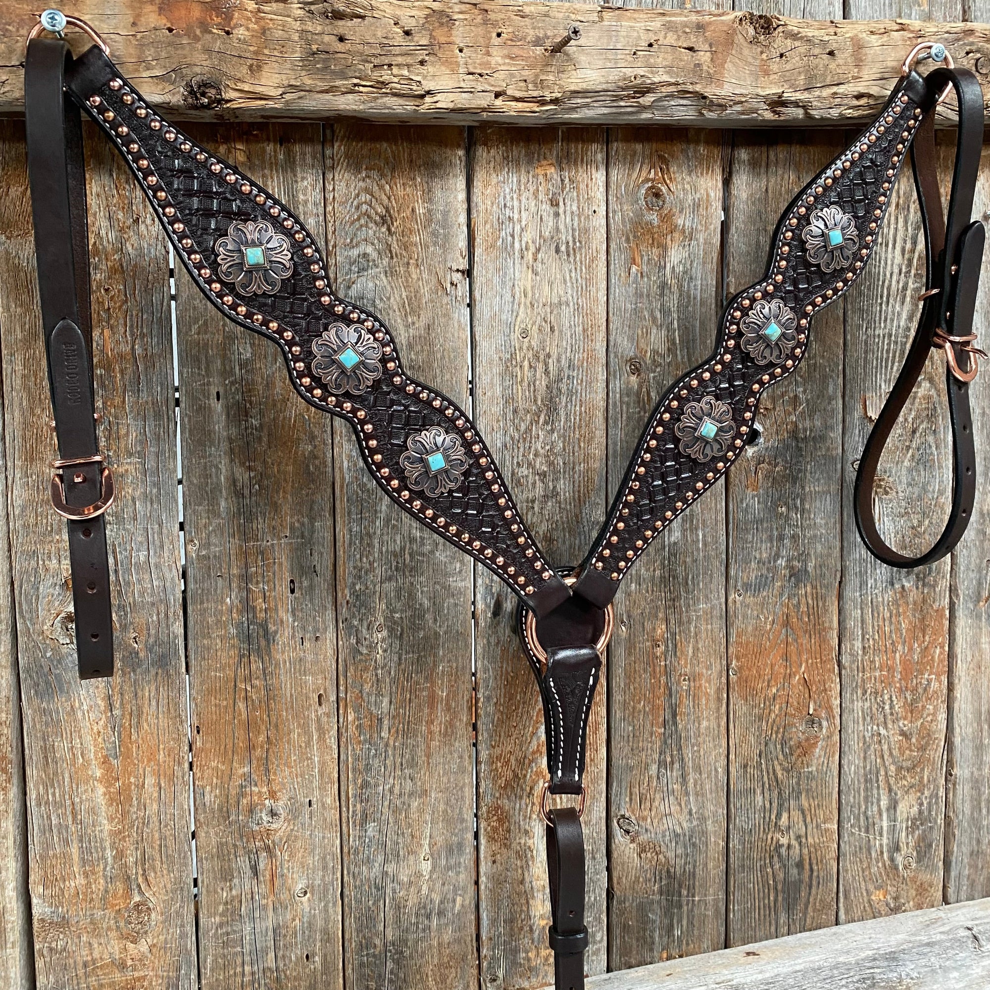 Copper Dot Honeycomb Turquoise  Browband / One Ear Tack Set 