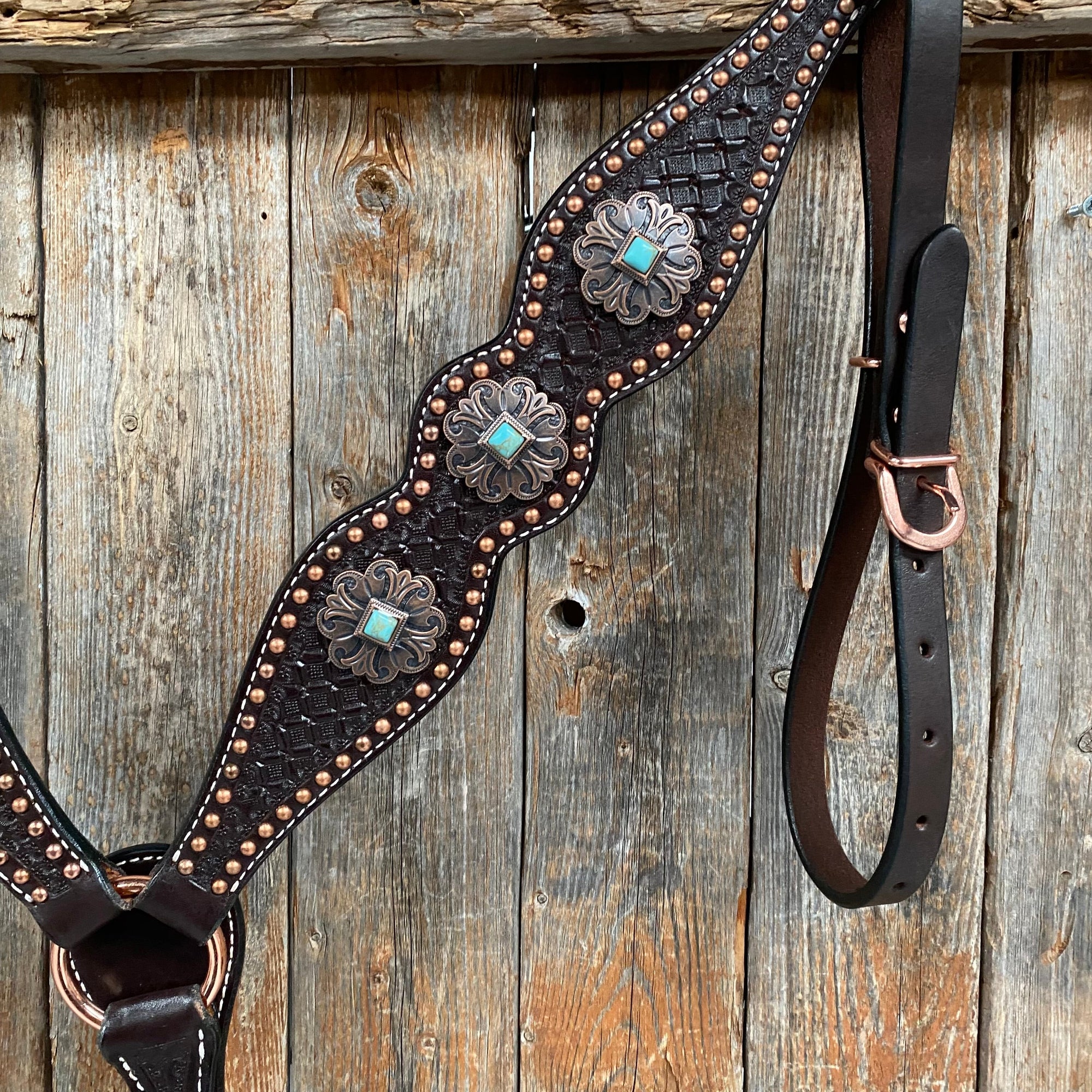 Copper Dot Honeycomb Turquoise  Browband / One Ear Tack Set 