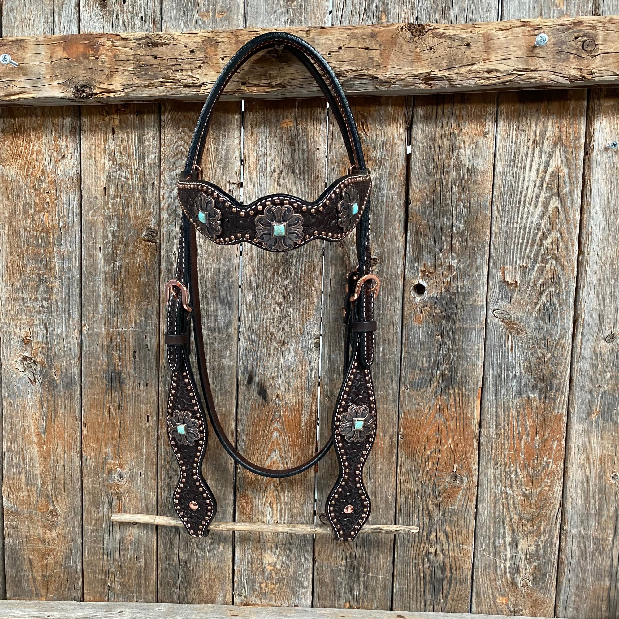 Copper Dot Honeycomb Turquoise  Browband / One Ear Tack Set 