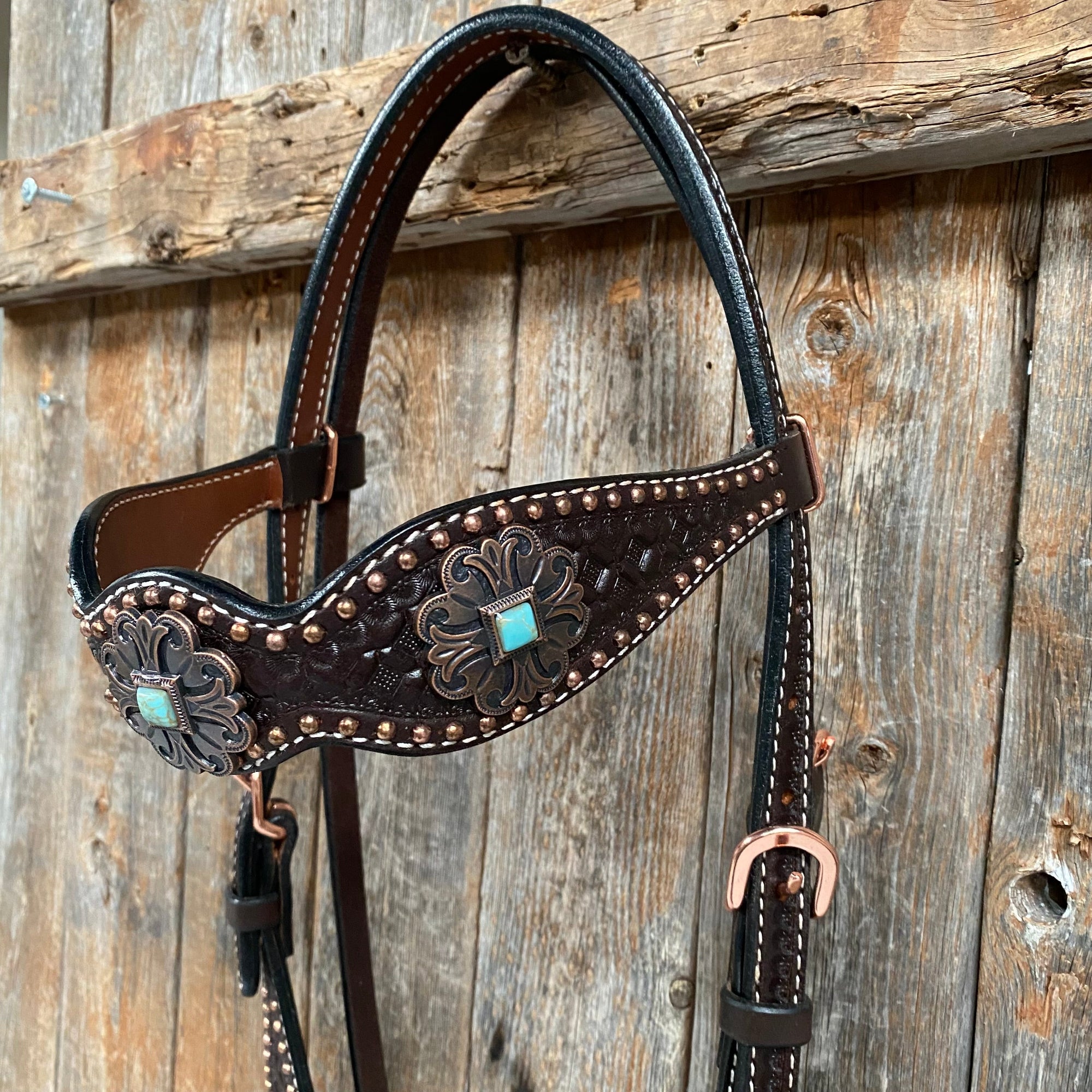 Copper Dot Honeycomb Turquoise  Browband / One Ear Tack Set 