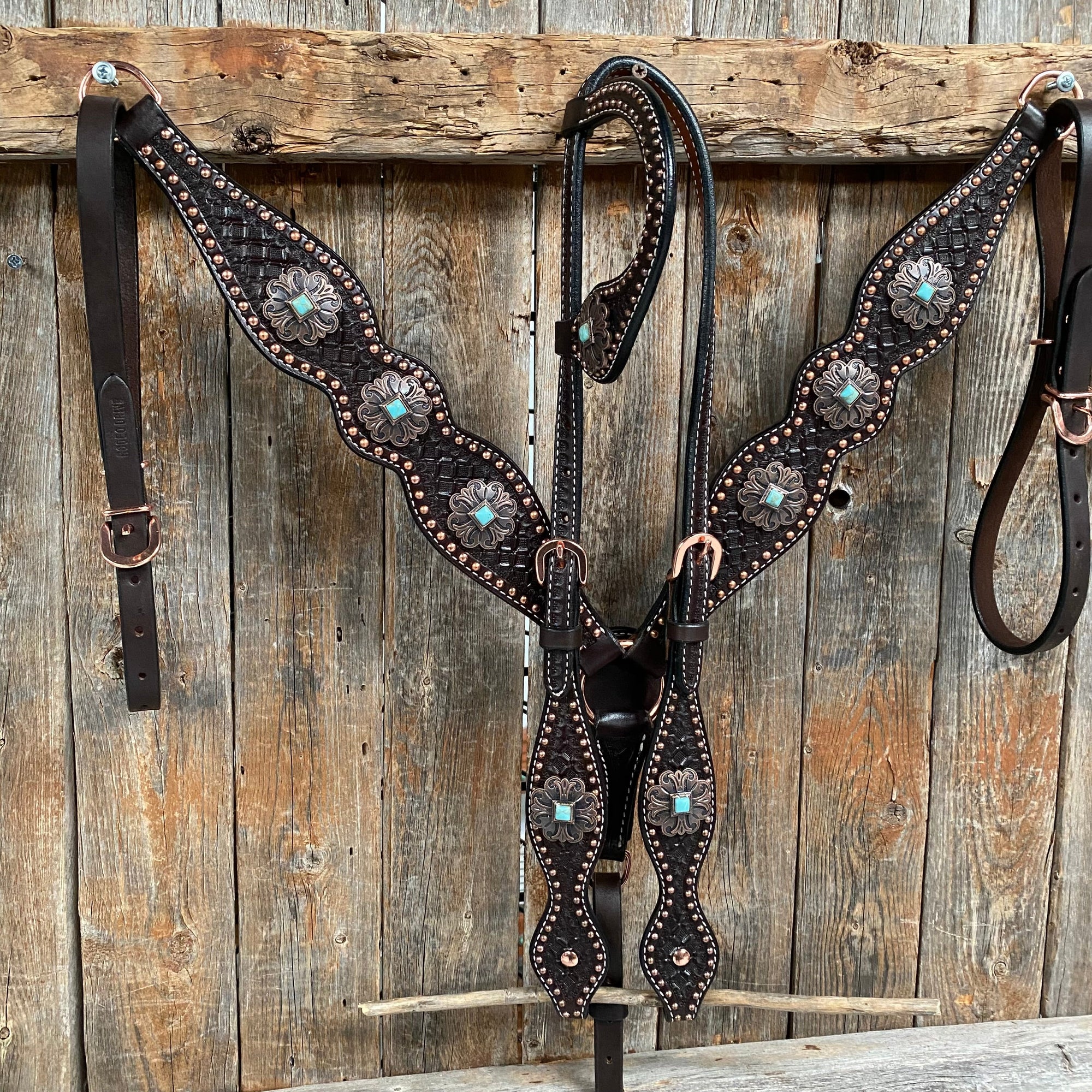 Copper Dot Honeycomb Turquoise  Browband / One Ear Tack Set 
