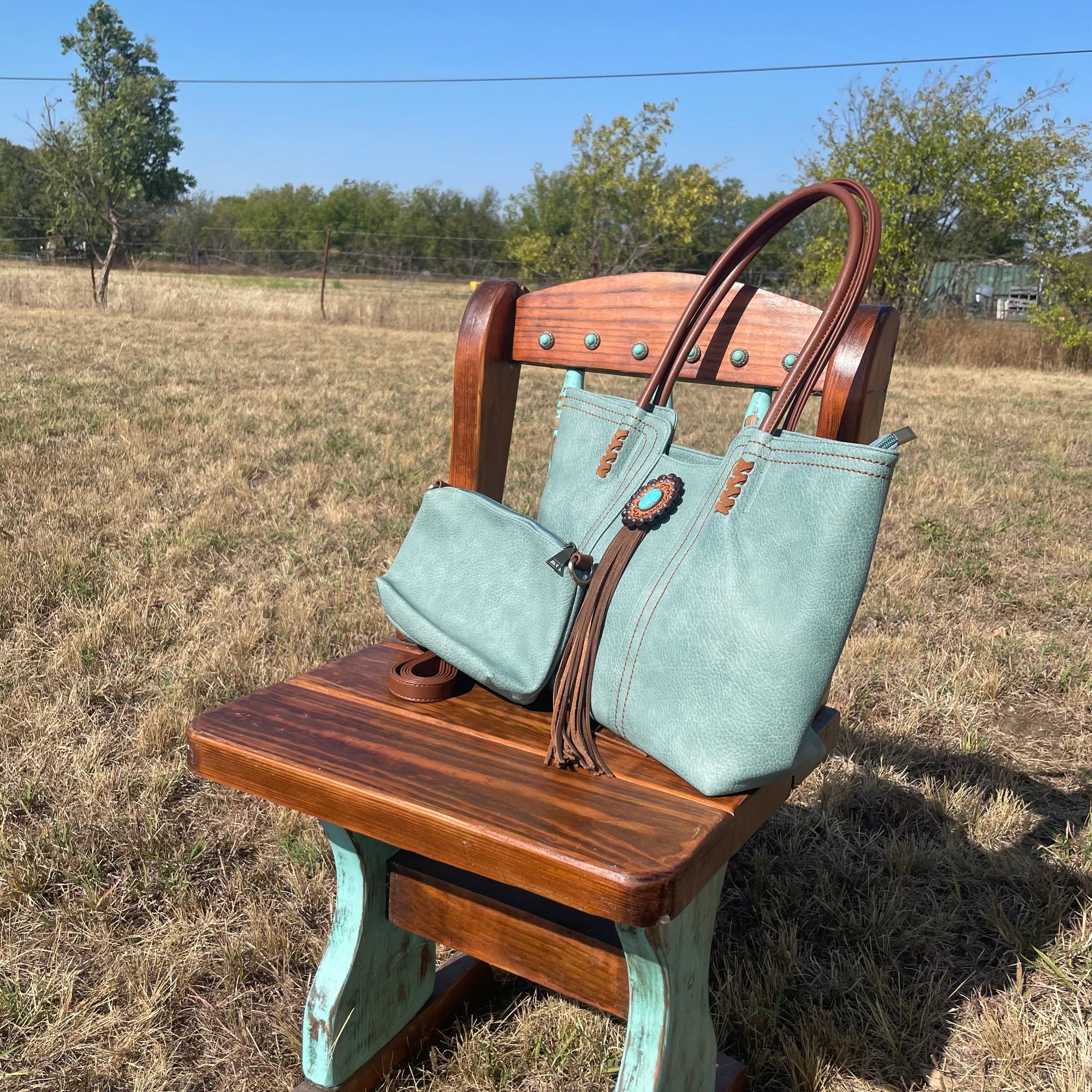 Teal Western Purse/Handbag with Small Clutch 