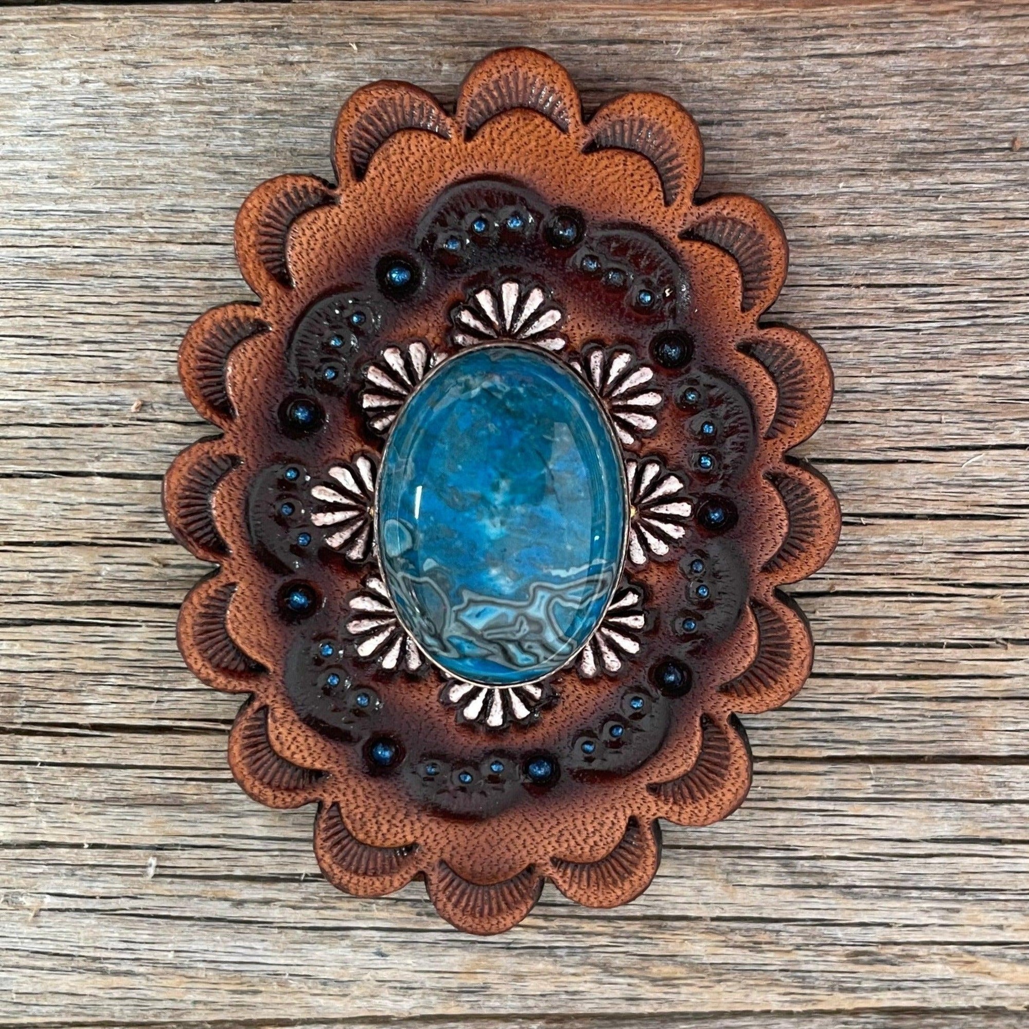 Leather Rosette with Blue Cabochon Western Concho R102CABBL
