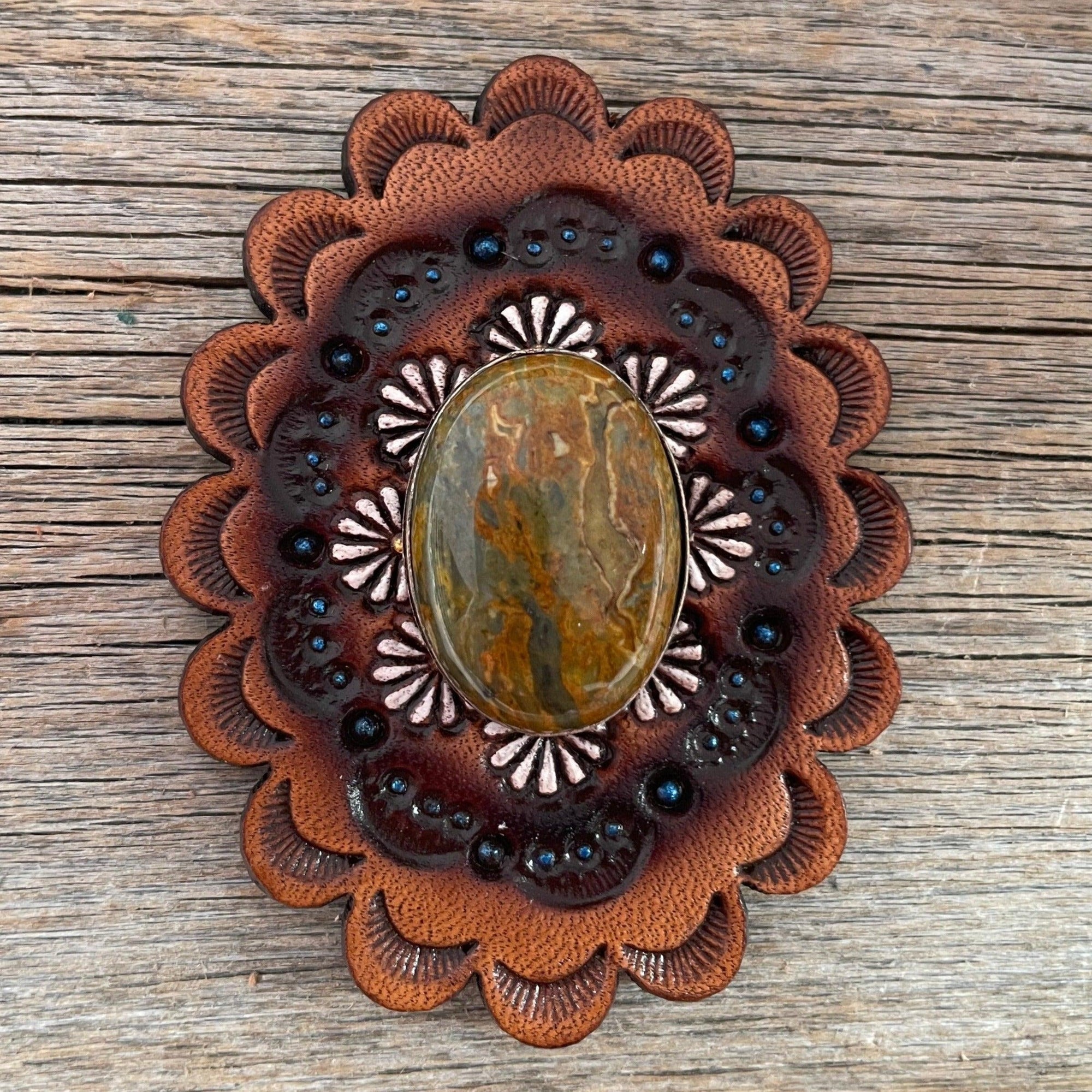 Leather Rosette with Sage Cabochon Western Concho R102CABSG