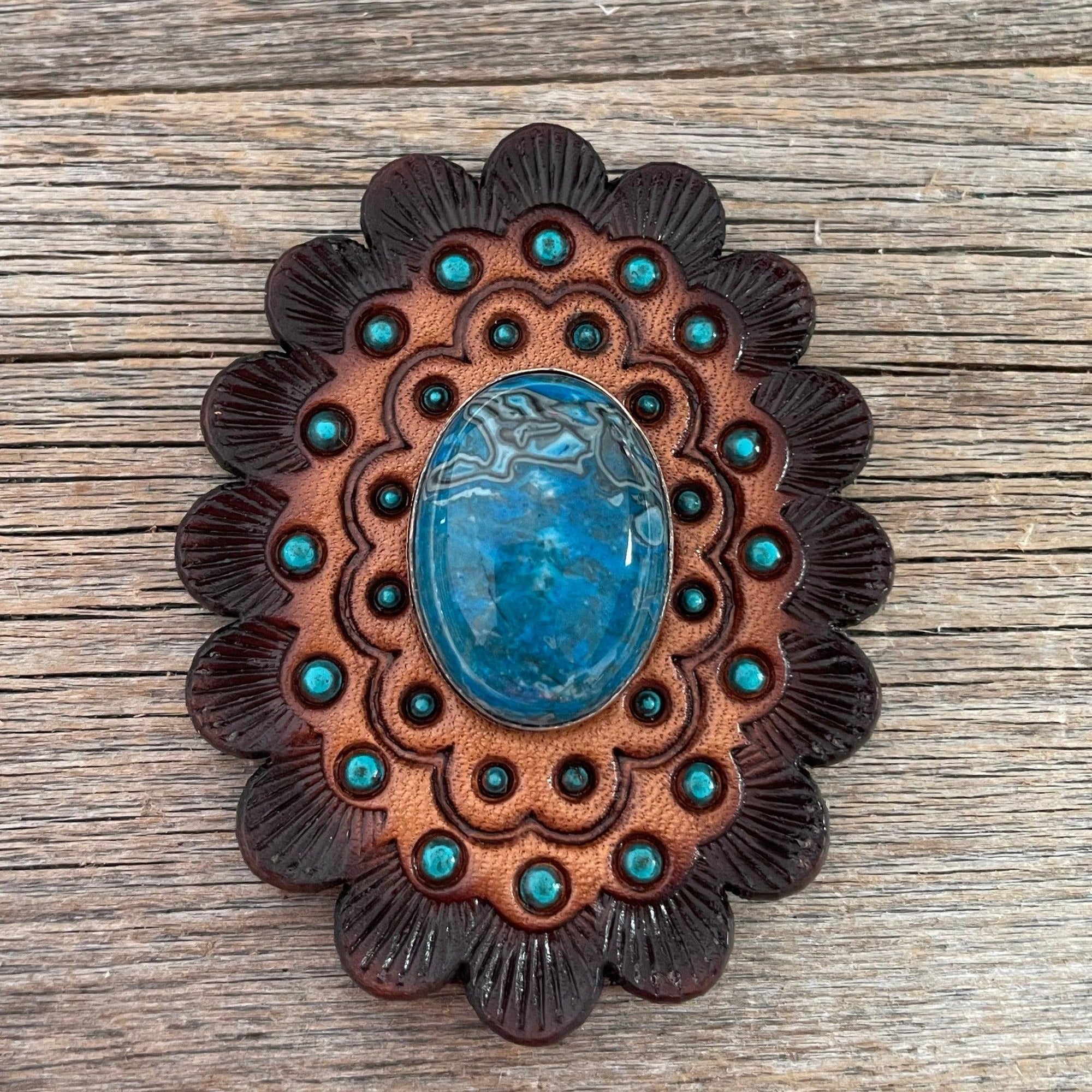 Leather Rosette Dark Oil Edges with Blue Cabochon Western Concho R104CABBL