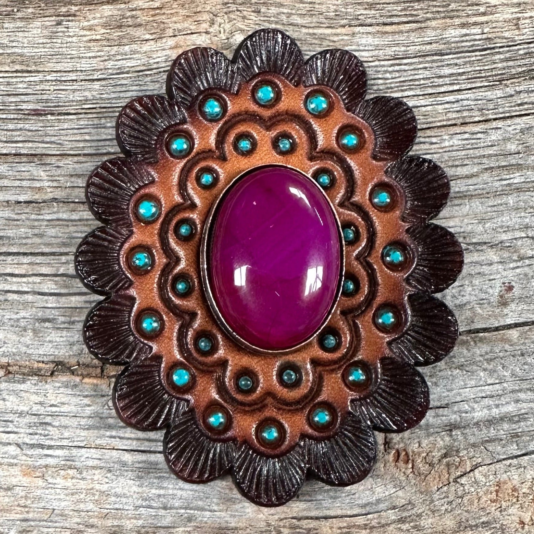 Fuchsia Cabochon Stone - Leather Rosette Options