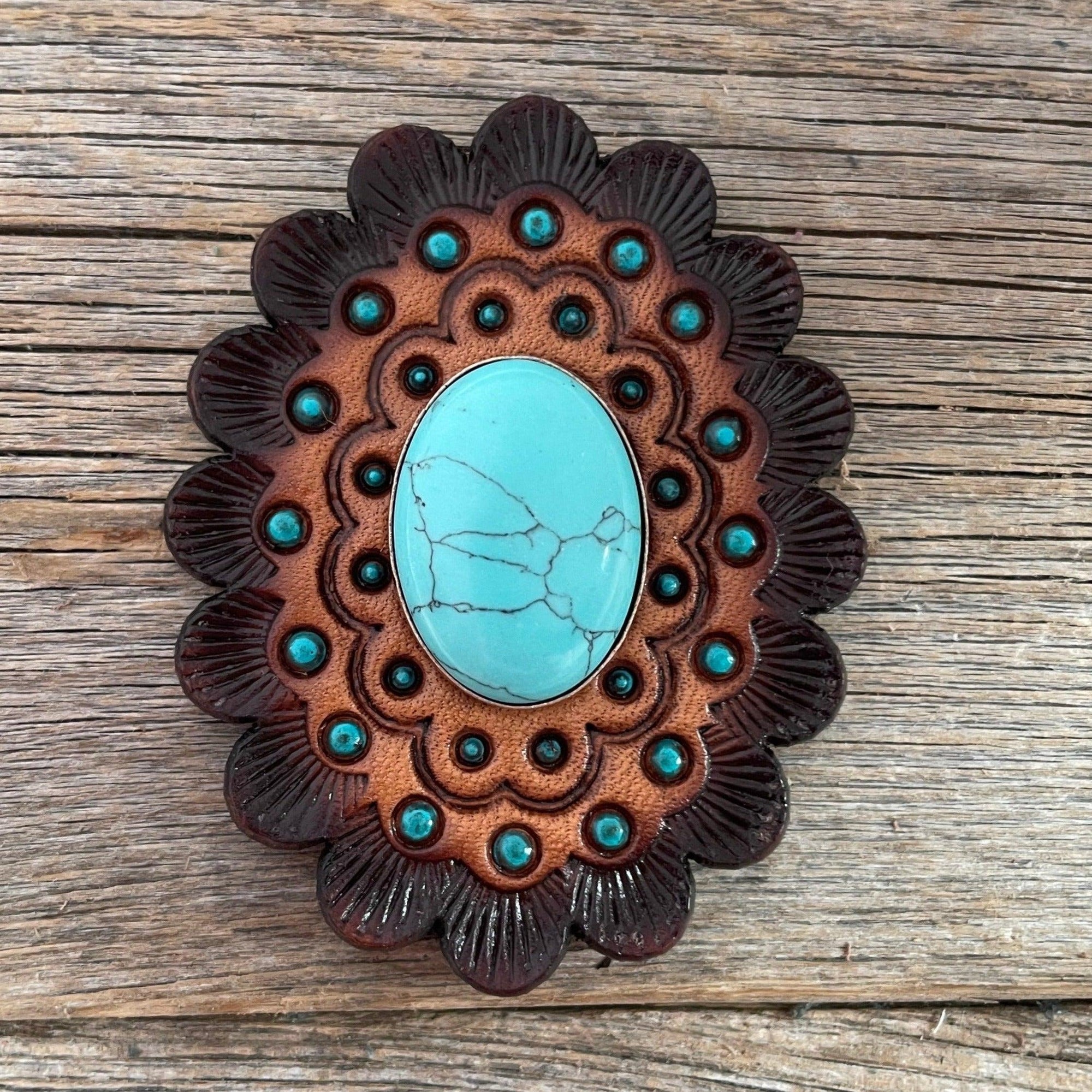 Leather Rosette Dark Oil Edges with Turquoise Cabochon Western Concho R104CABTQ