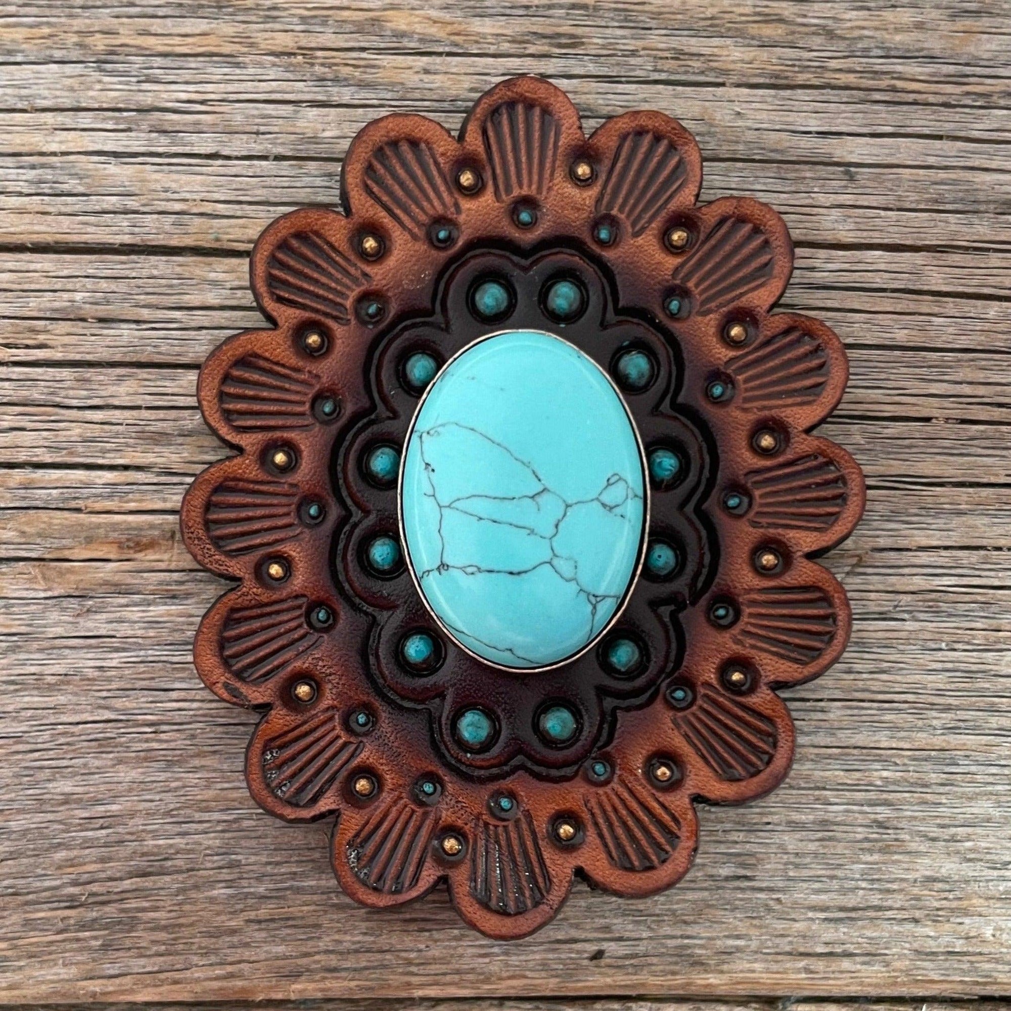 Leather Rosette Medium Oil Edges with Turquoise Cabochon Western Concho R107CABTQ
