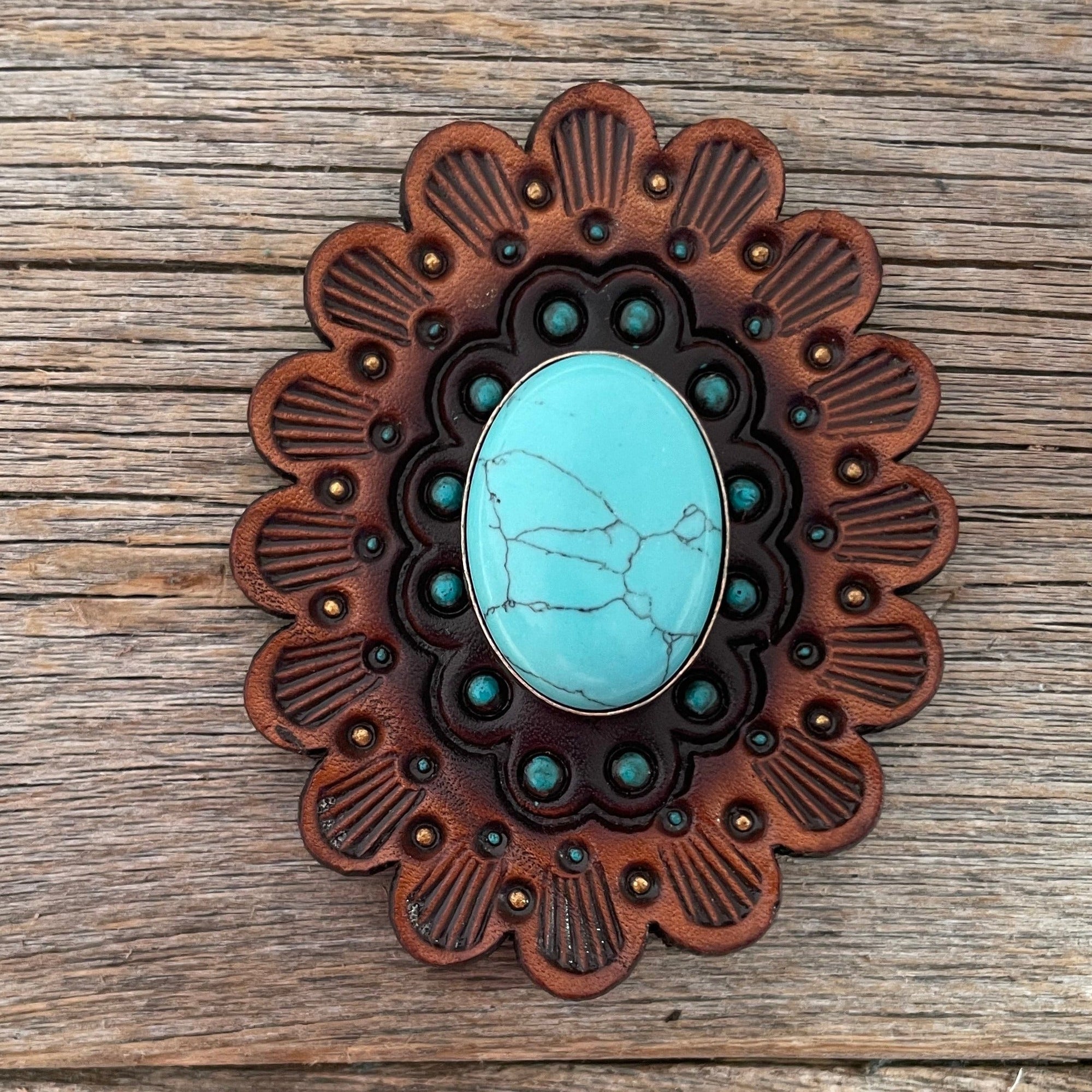 Turquoise Cabochon Stone - Leather Rosette Options -