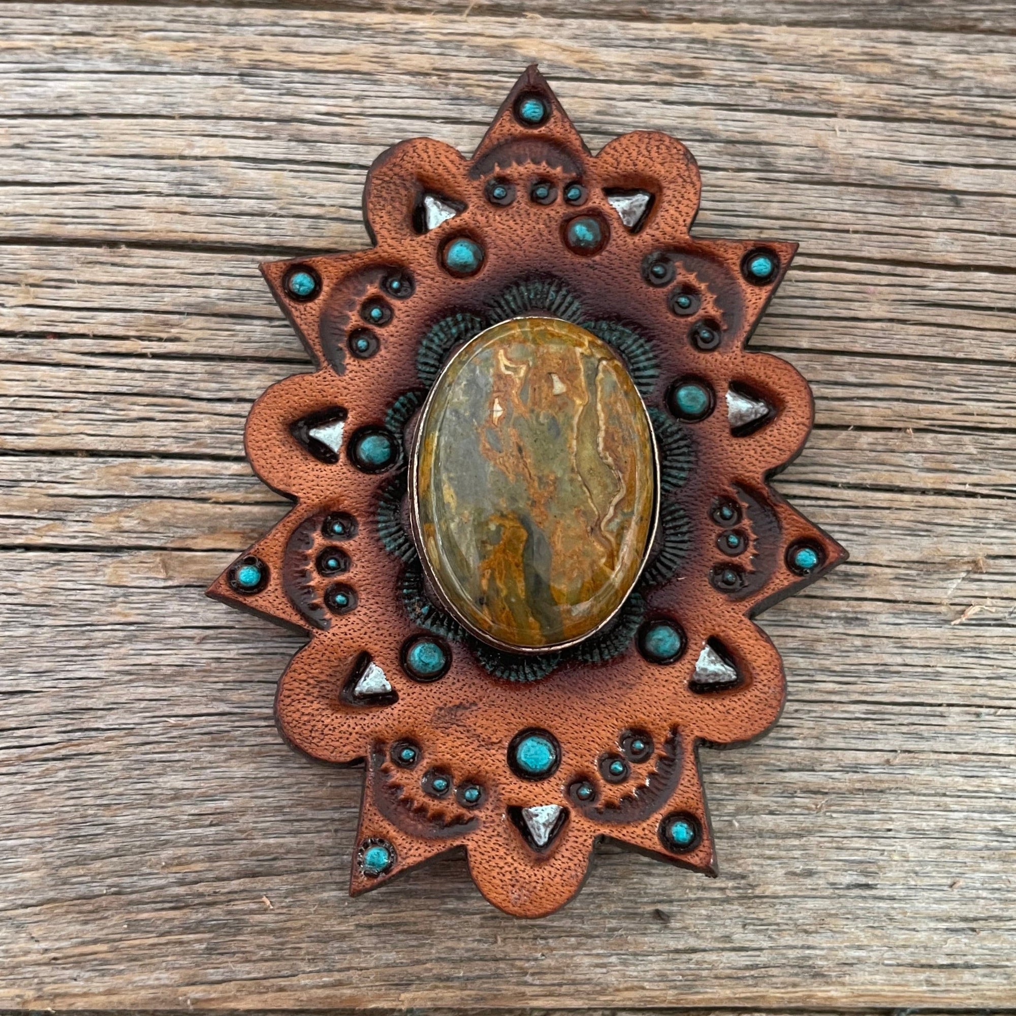 Sage Cabochon Stone - Leather Rosette Options -