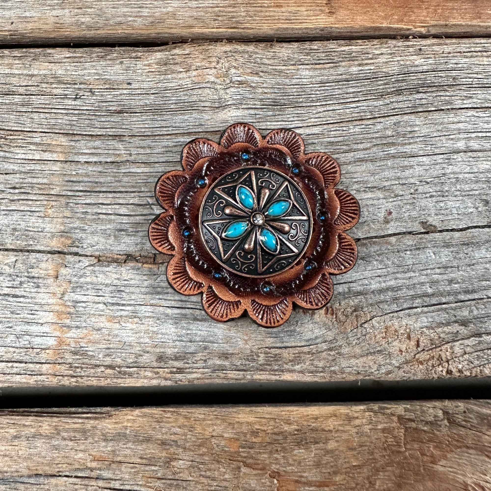 Copper Turquoise &amp; Clear Crystal Western Concho W138