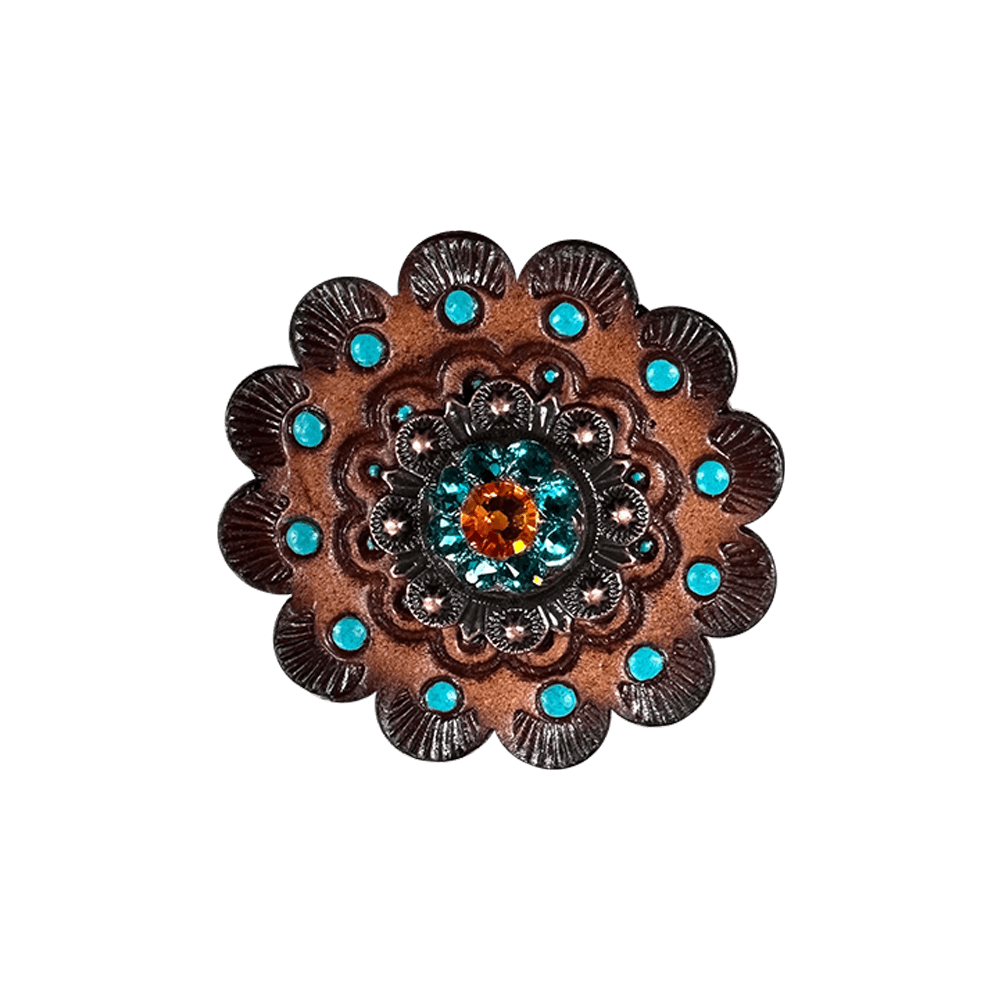 Fire Opal &amp; Teal Copper 1" European Crystal Concho and Leather Rosette