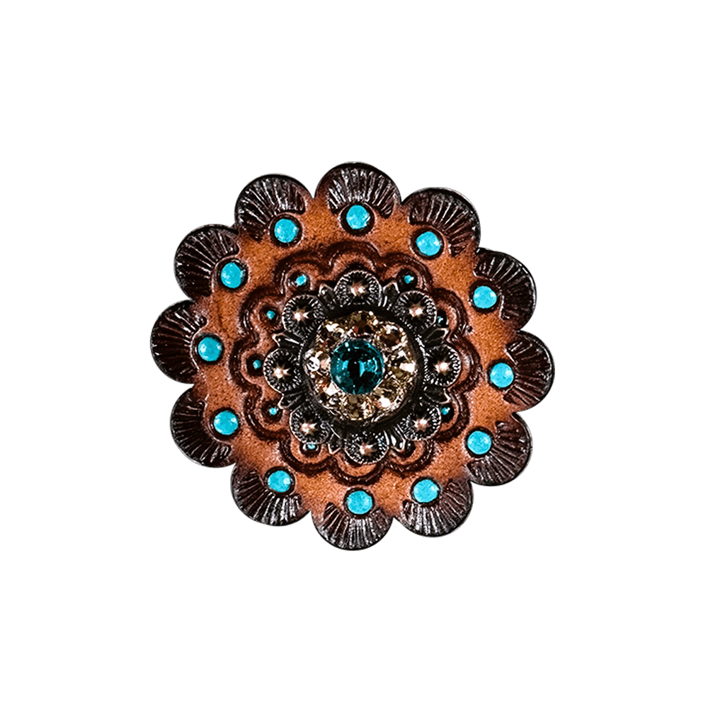 Teal &amp; Champagne Copper 1" European Crystal Concho and Leather Rosette
