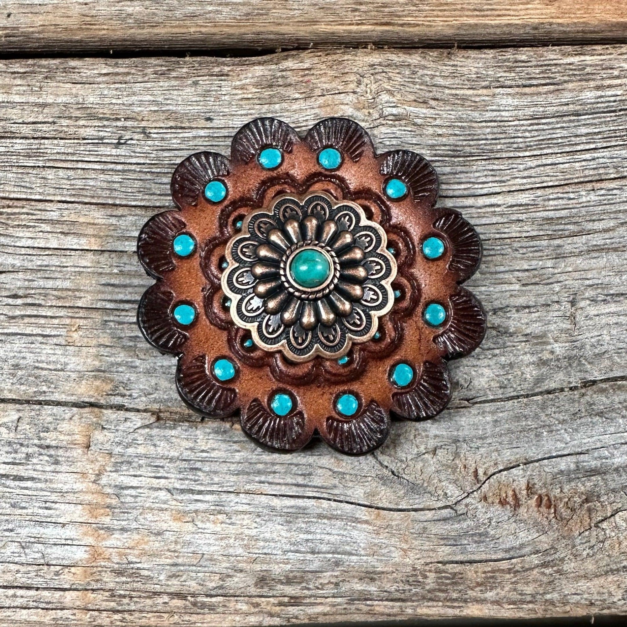 Leather Rosette Dark Oil Edges with Floral Western Concho R112W103S