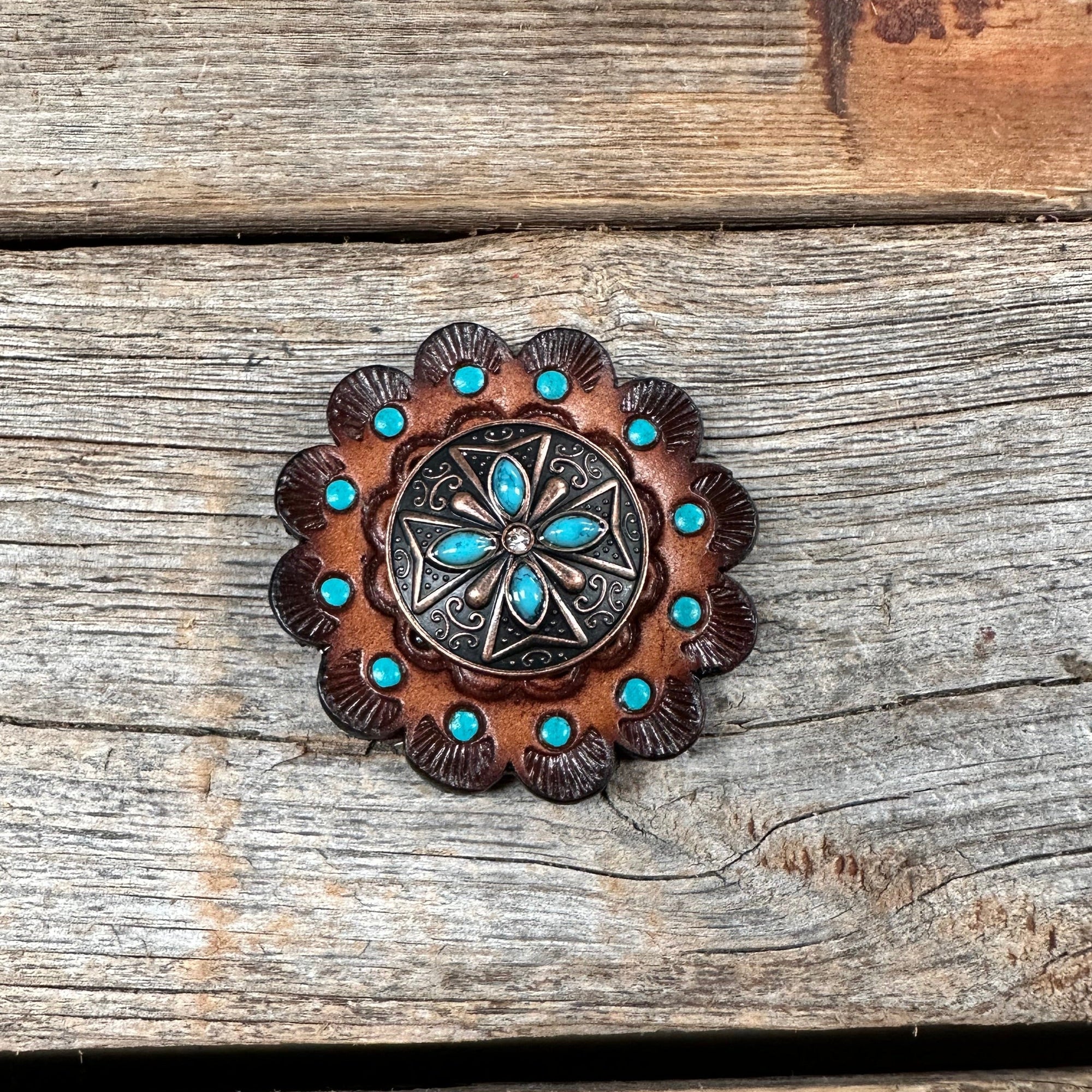 Copper Turquoise &amp; Clear Crystal Western Concho W138