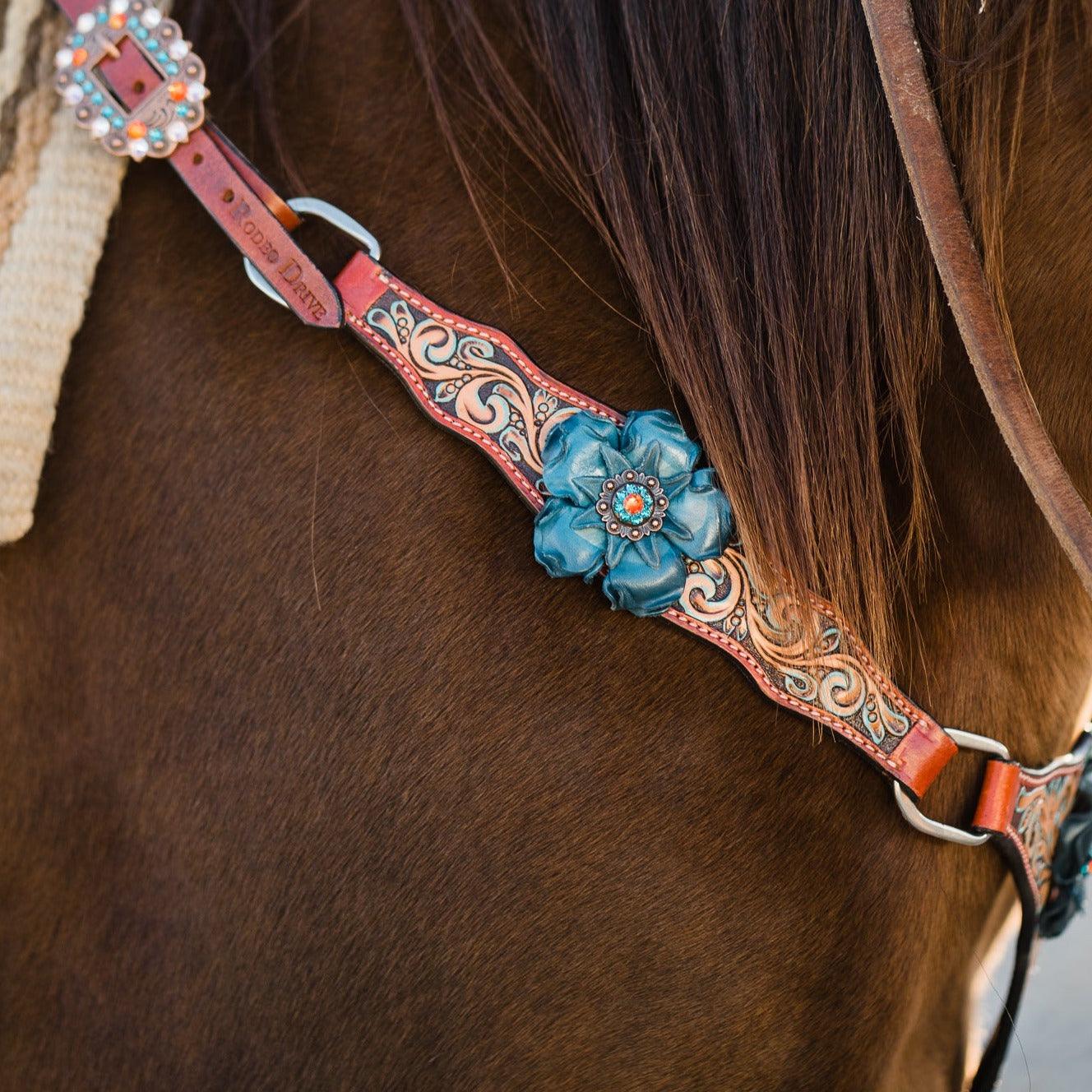 Rust Triangle Turquoise Flower One Ear/ Breastcollar Tack Set 