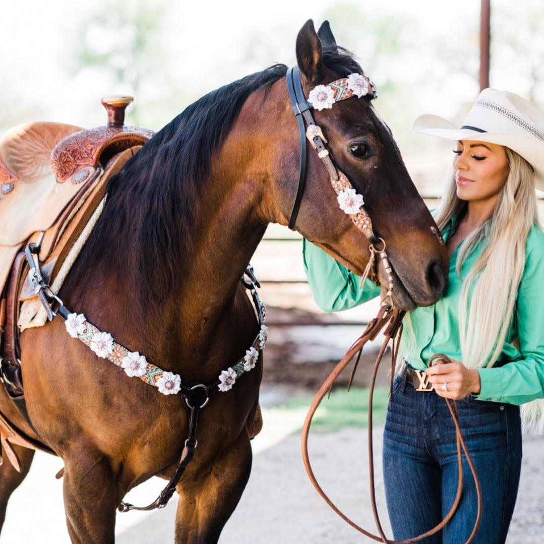 Two Tone Floral Pink and White Browband/ Breastcollar Tack Set 