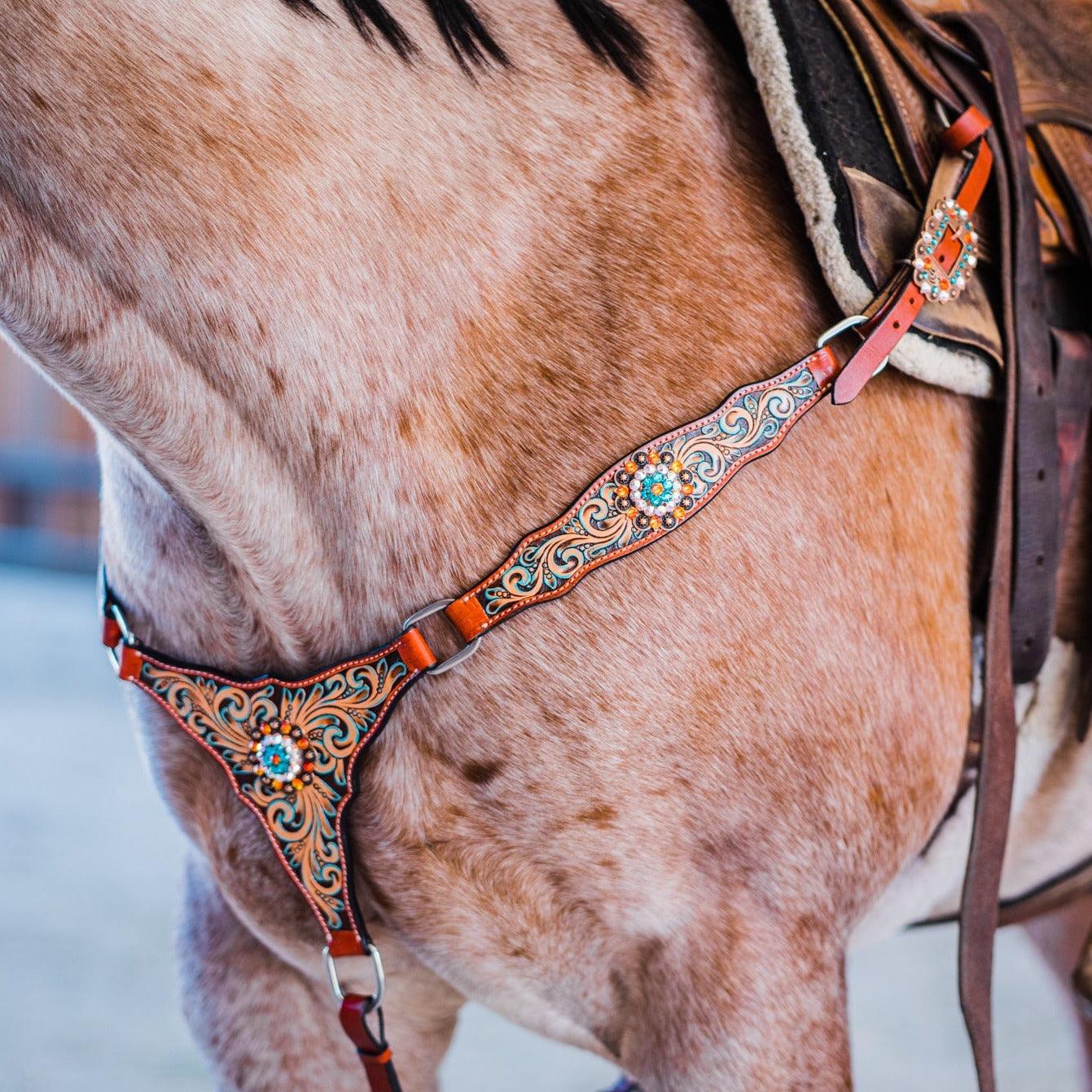 Rust Triangle Fire Opal and Teal One Ear/ Breastcollar Tack Set 