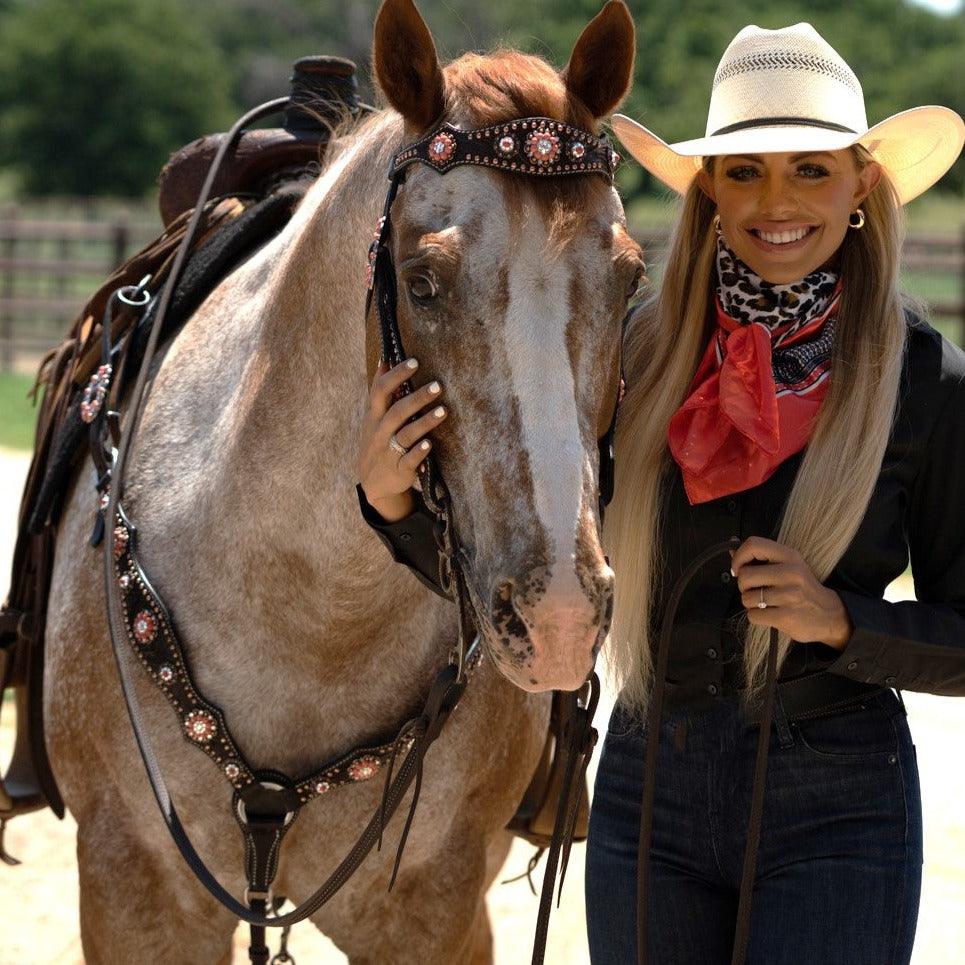 Dark Oil Floral Copper Dot Copper and Coral Browband / Breastcollar Tack Set 