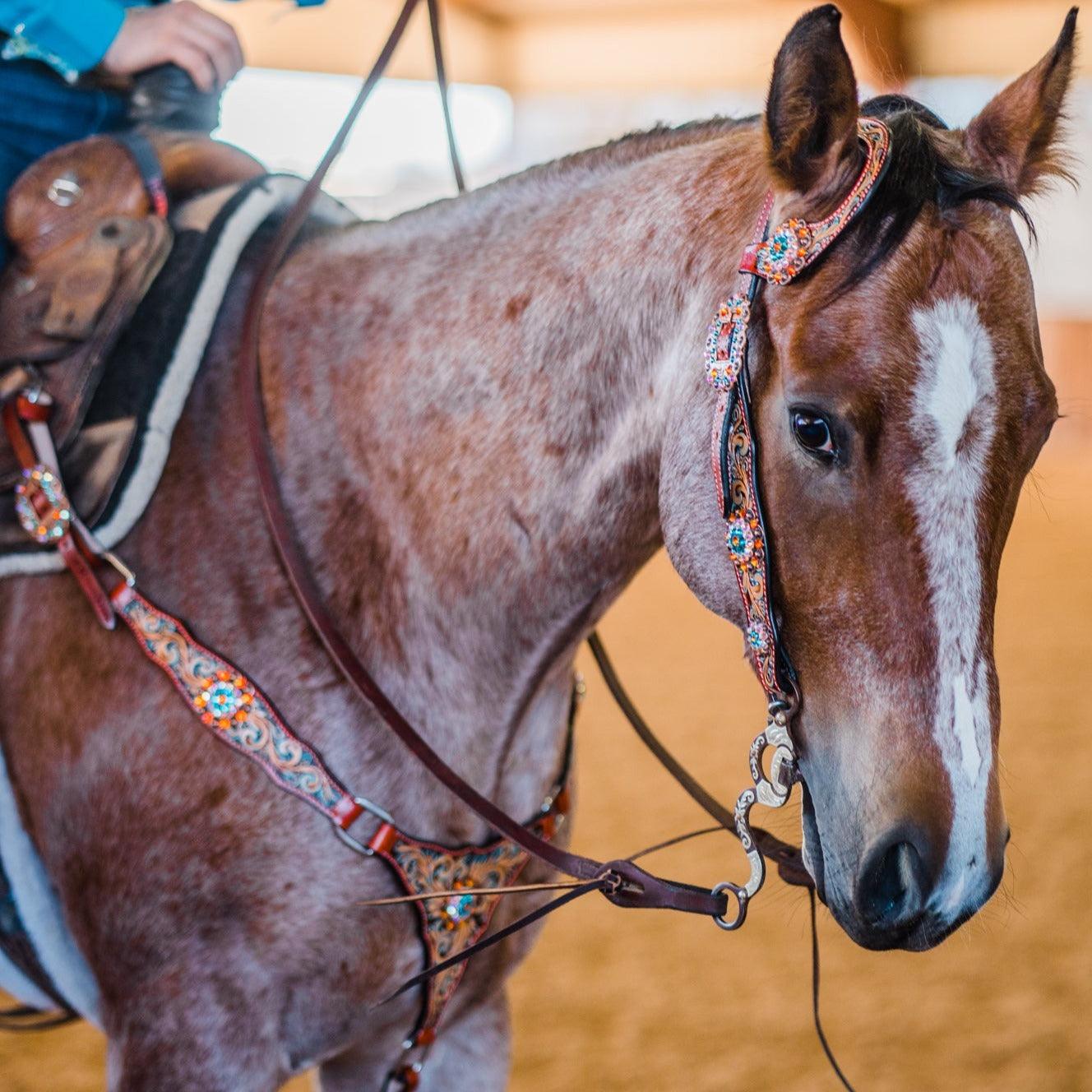 Rust Triangle Fire Opal and Teal One Ear/ Breastcollar Tack Set 