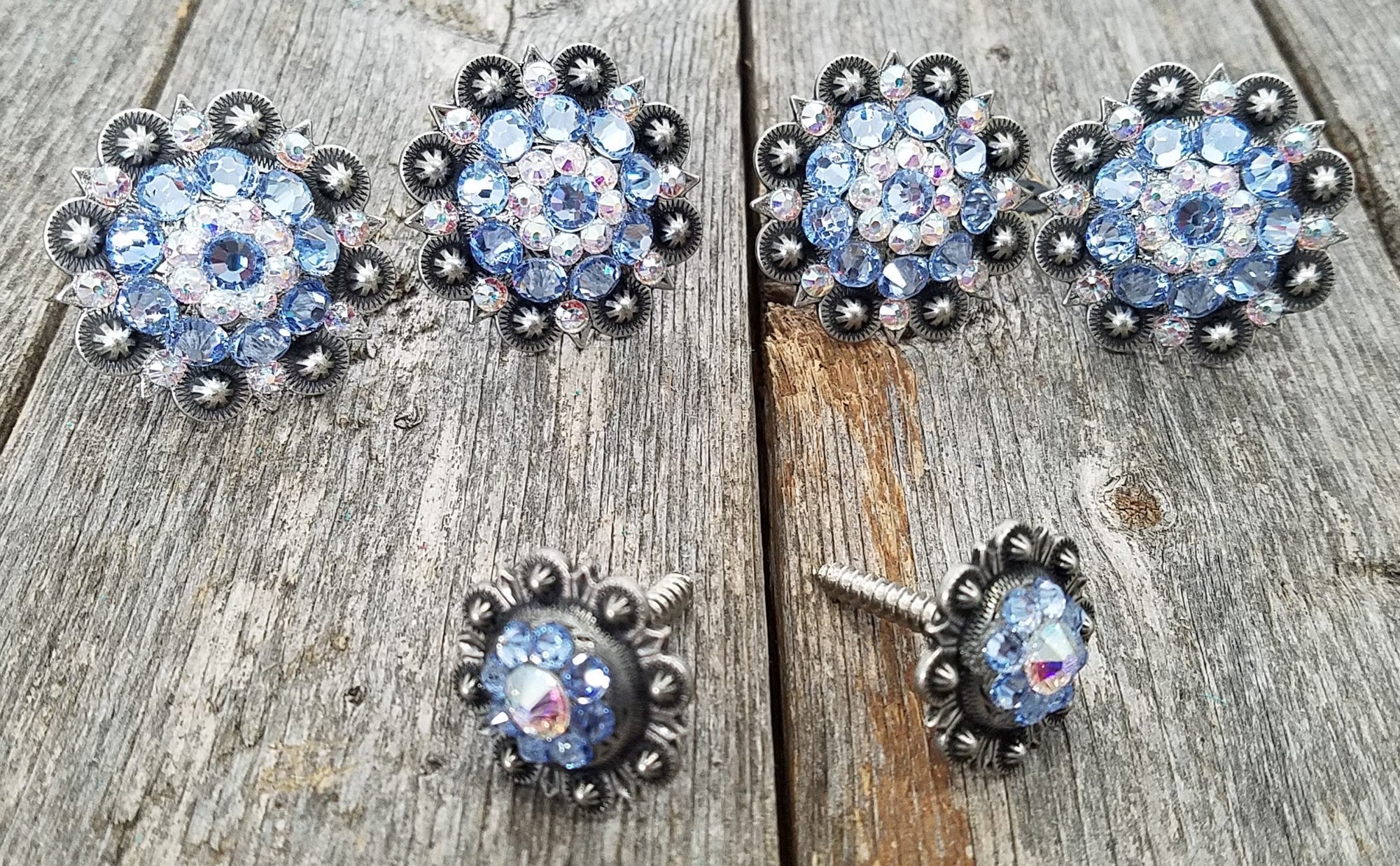 Antique Silver Light Sapphire &amp; AB Saddle Conchos