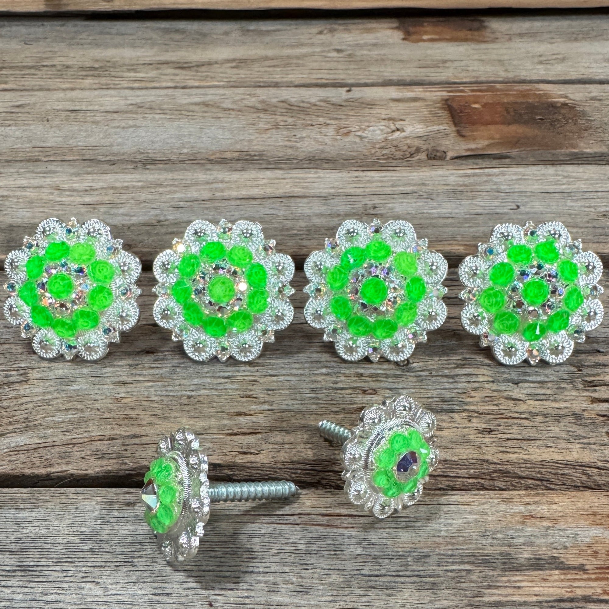 Bright Silver Neon Green &amp; AB Saddle Conchos