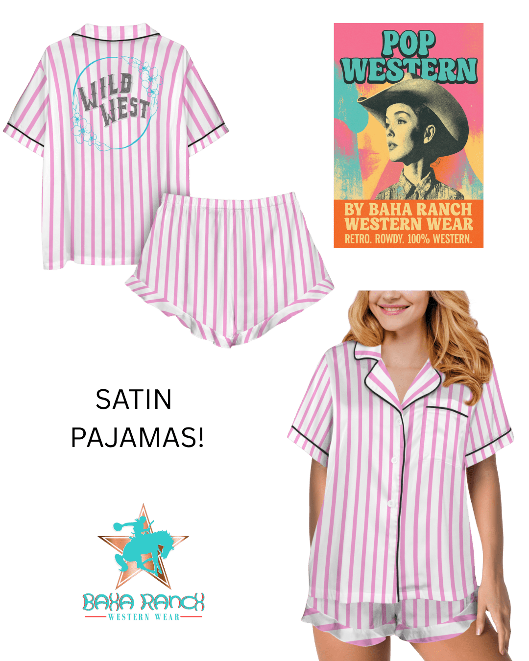 Baha Ranch Retro Pop Western Wild West Pink Pin Stripe Satin Pajamas