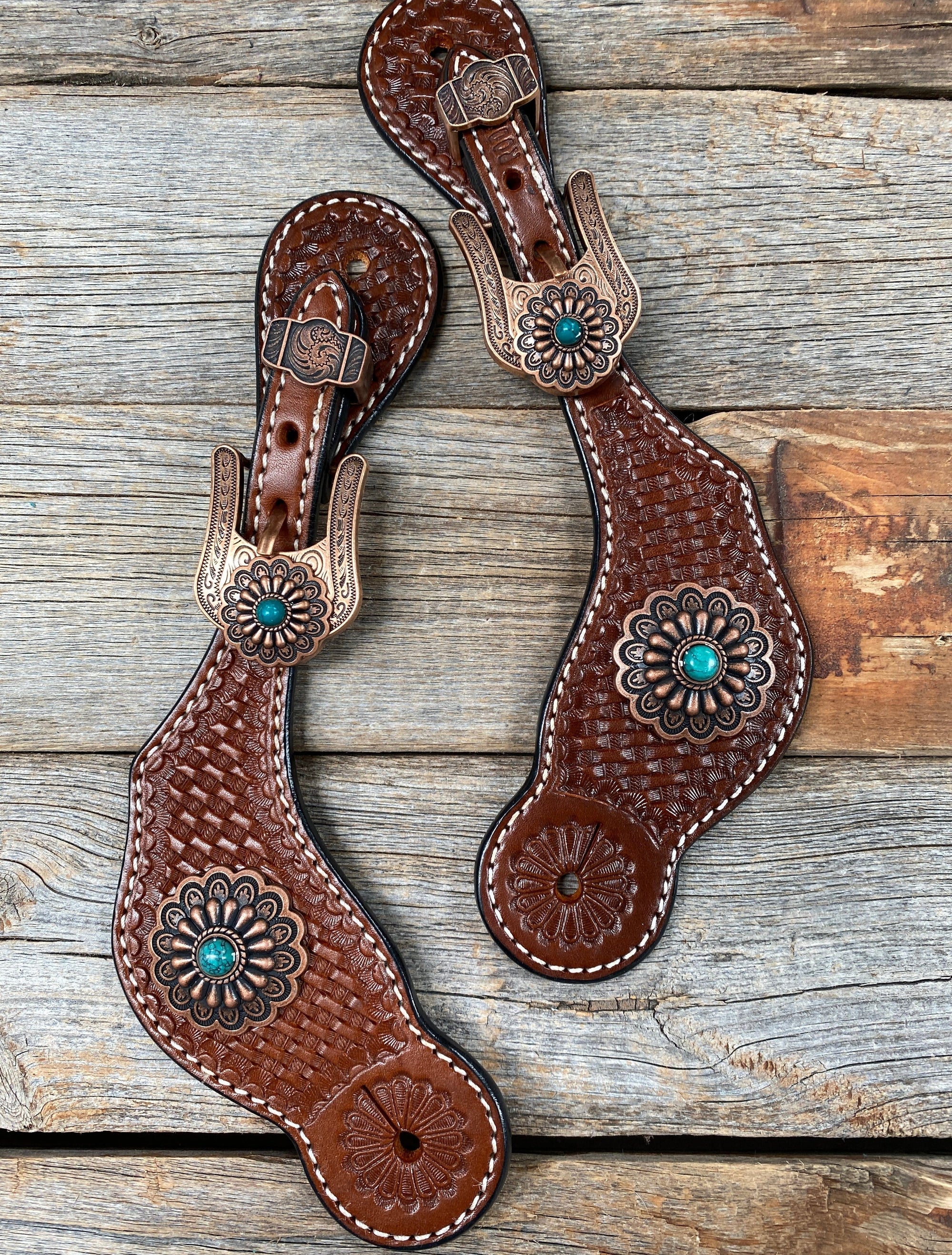 Medium Basketweave Spur Straps - Copper Flower Western Conchos 