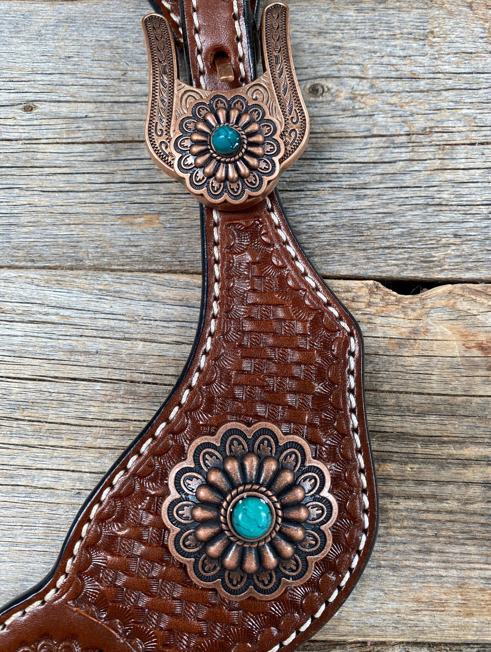 Medium Basketweave Spur Straps - Copper Flower Western Conchos 