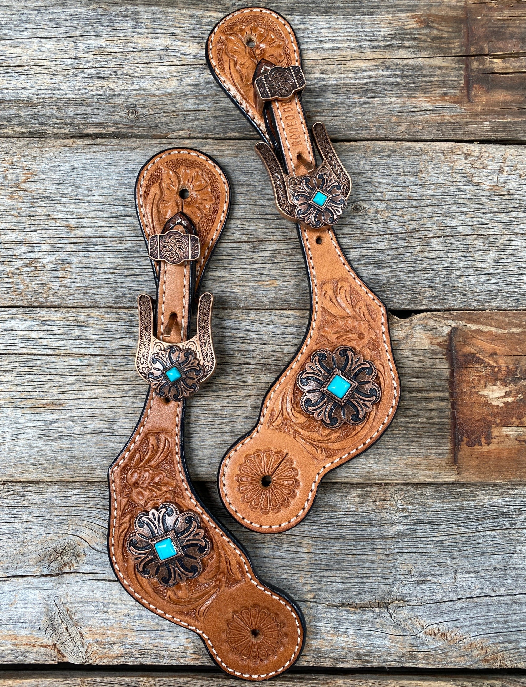 Light Floral Spur Straps - Copper Fleur-De-Lis Western Conchos 