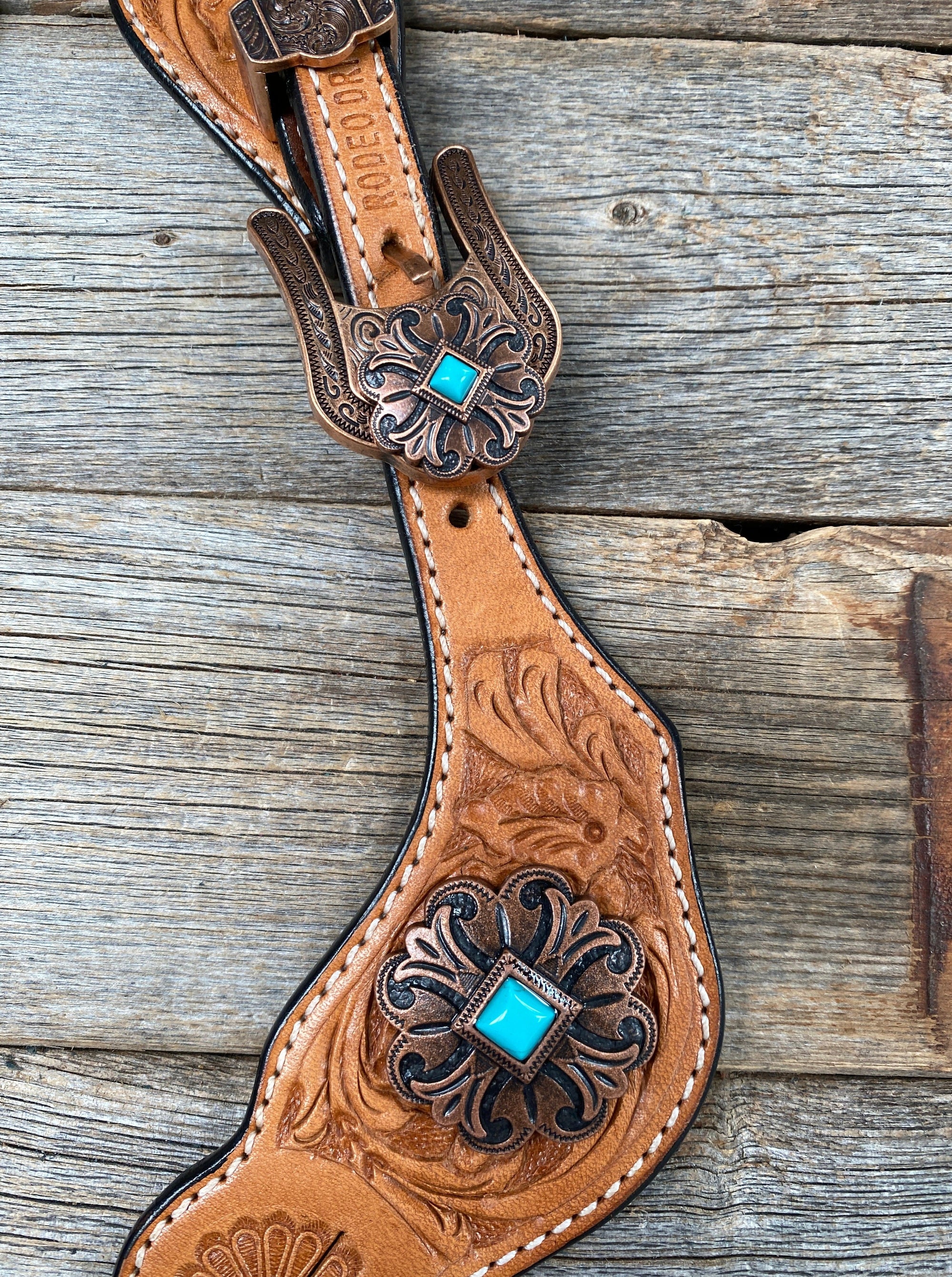 Light Floral Spur Straps - Copper Fleur-De-Lis Western Conchos 