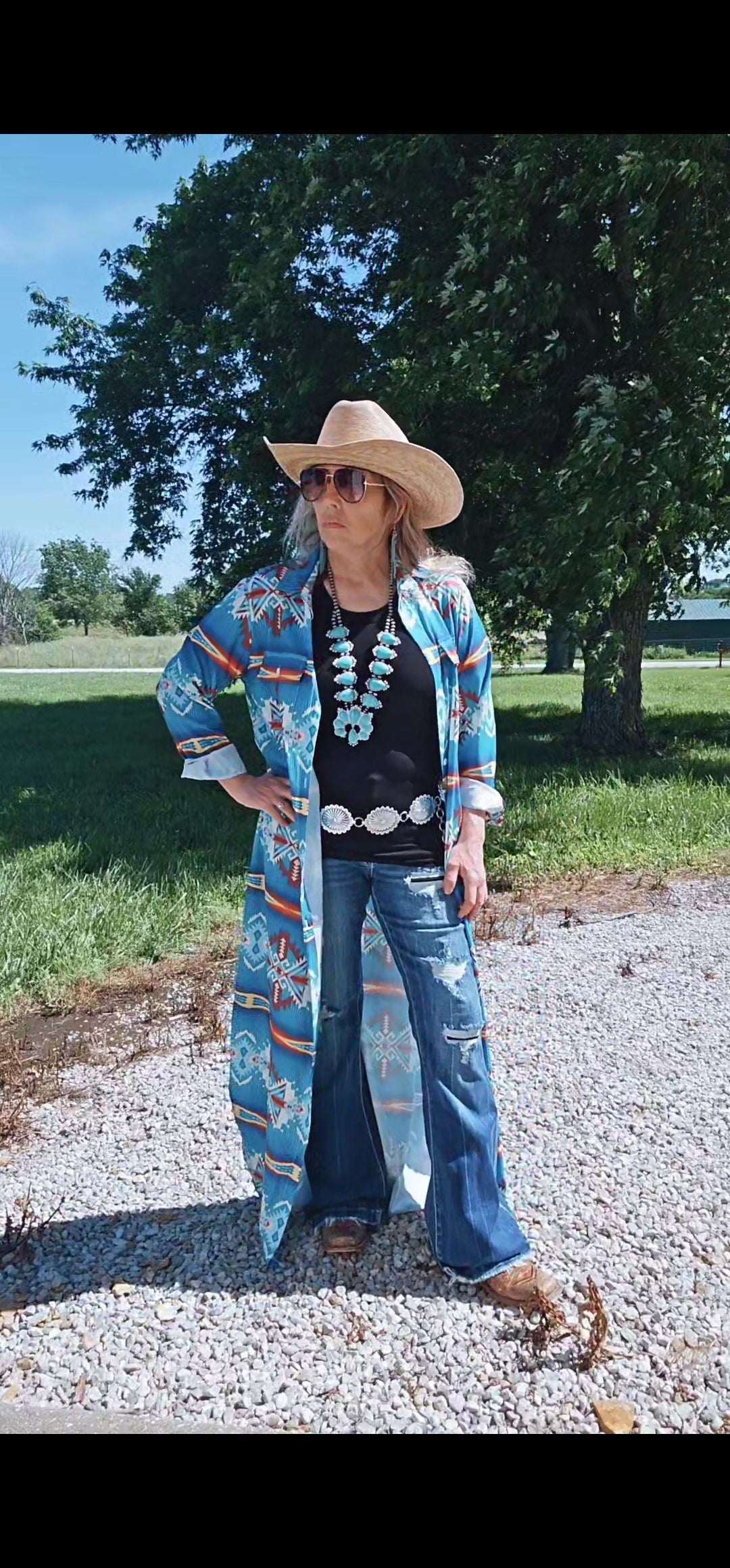 Baha Ranch Teal Aztec Long Shirt Dress Duster