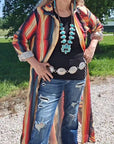 Baha Ranch Colores De Mexico Southwestern Aztec Serape Long Sleeve Shirt Dress Duster