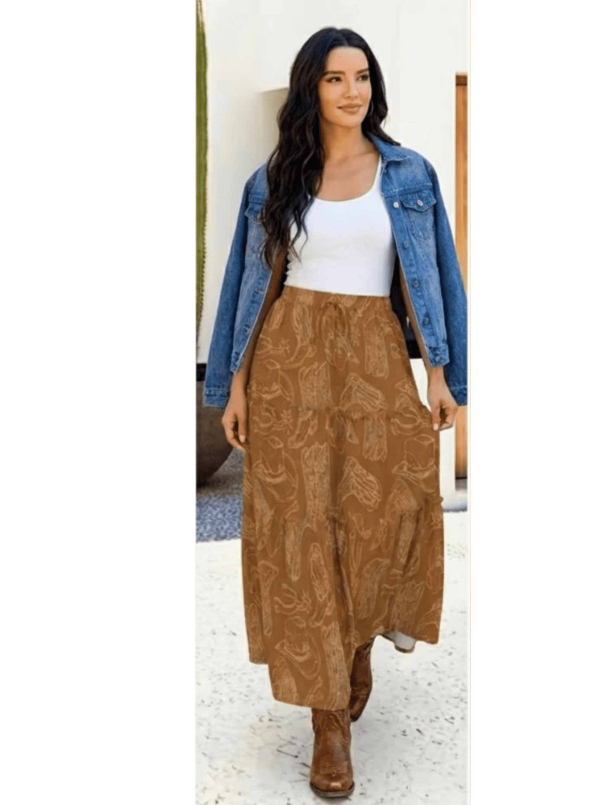 Baha Ranch Western Boot Print Tiered Prairie Maxi Skirt