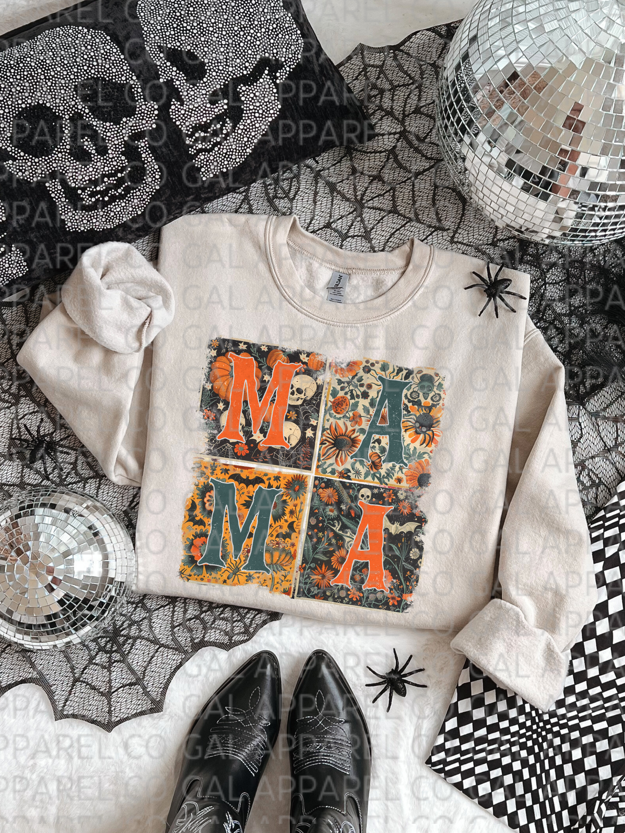 Mama retro FAN FAV spooky block sweatshirt &amp; tee skulls, bats, ghost spooky fun