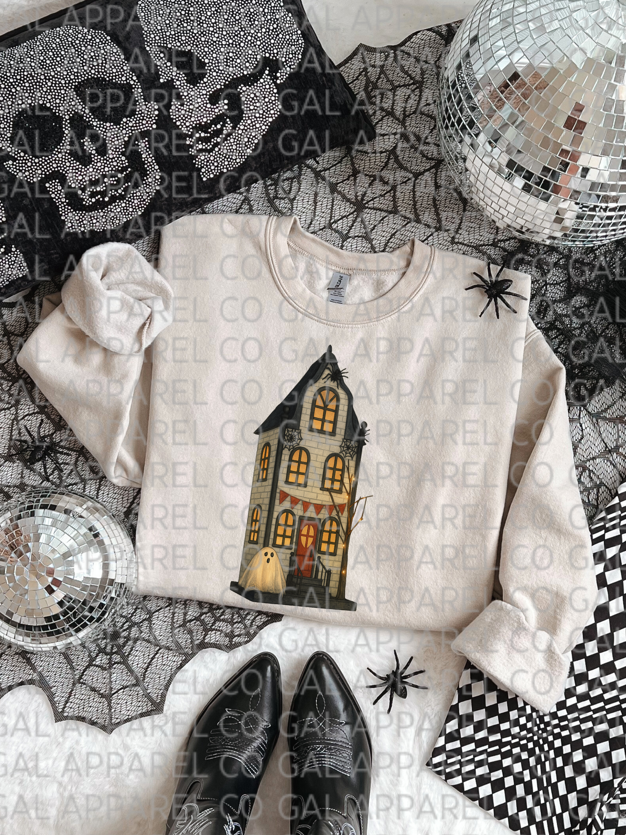 Ghost &amp; Graveyard House “The Restless Retreat” Tee or Sweatshirt – Spooky Halloween Haunted House Shirt