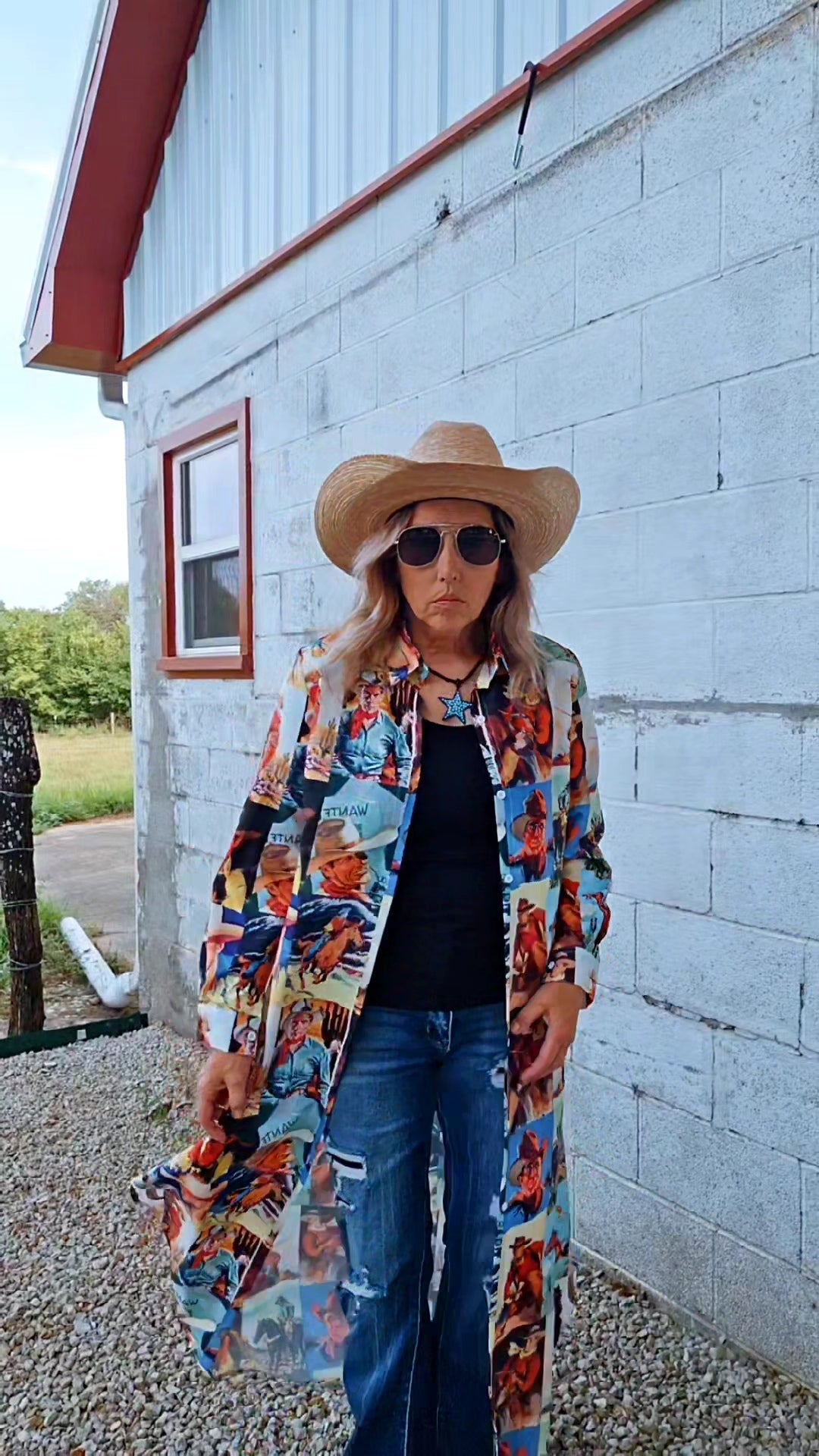 Baha Ranch Cowboy Collage Western Shirt Dress Duster