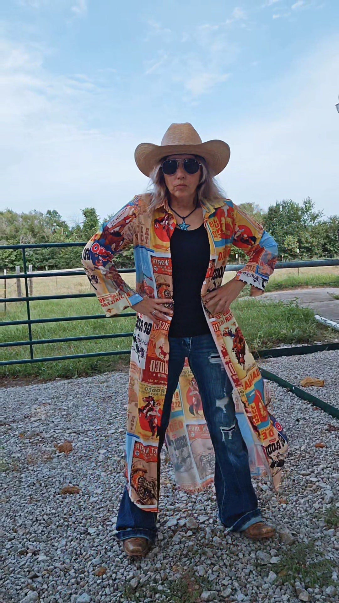 Baha Ranch Vintage Rodeo Poster Button-Up Long Sleeve Shirt Duster Dress