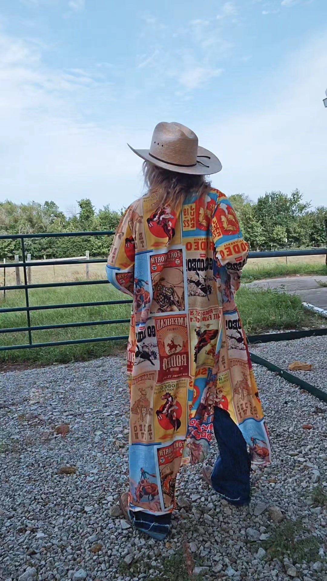 Baha Ranch Vintage Rodeo Poster Button-Up Long Sleeve Shirt Duster Dress