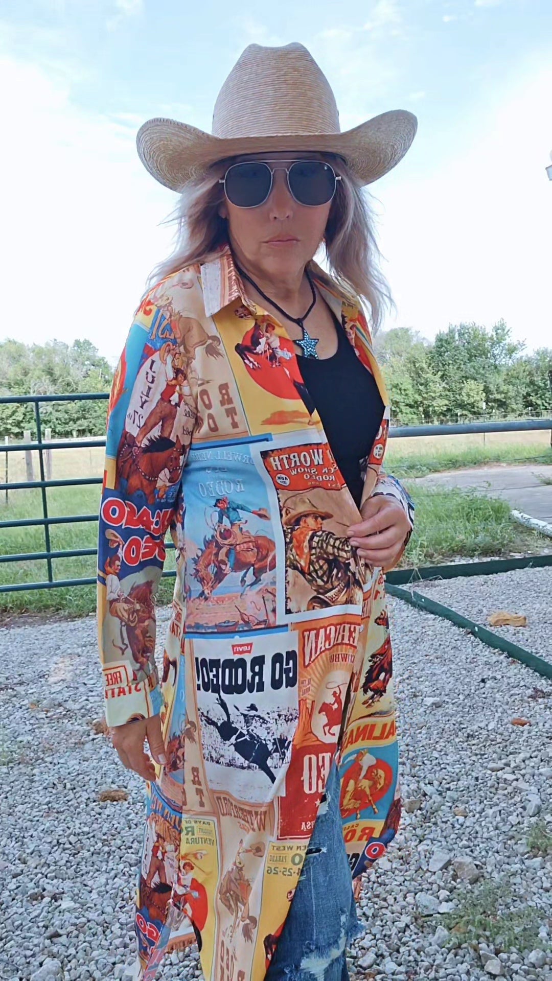 Baha Ranch Vintage Rodeo Poster Button-Up Long Sleeve Shirt Duster Dress