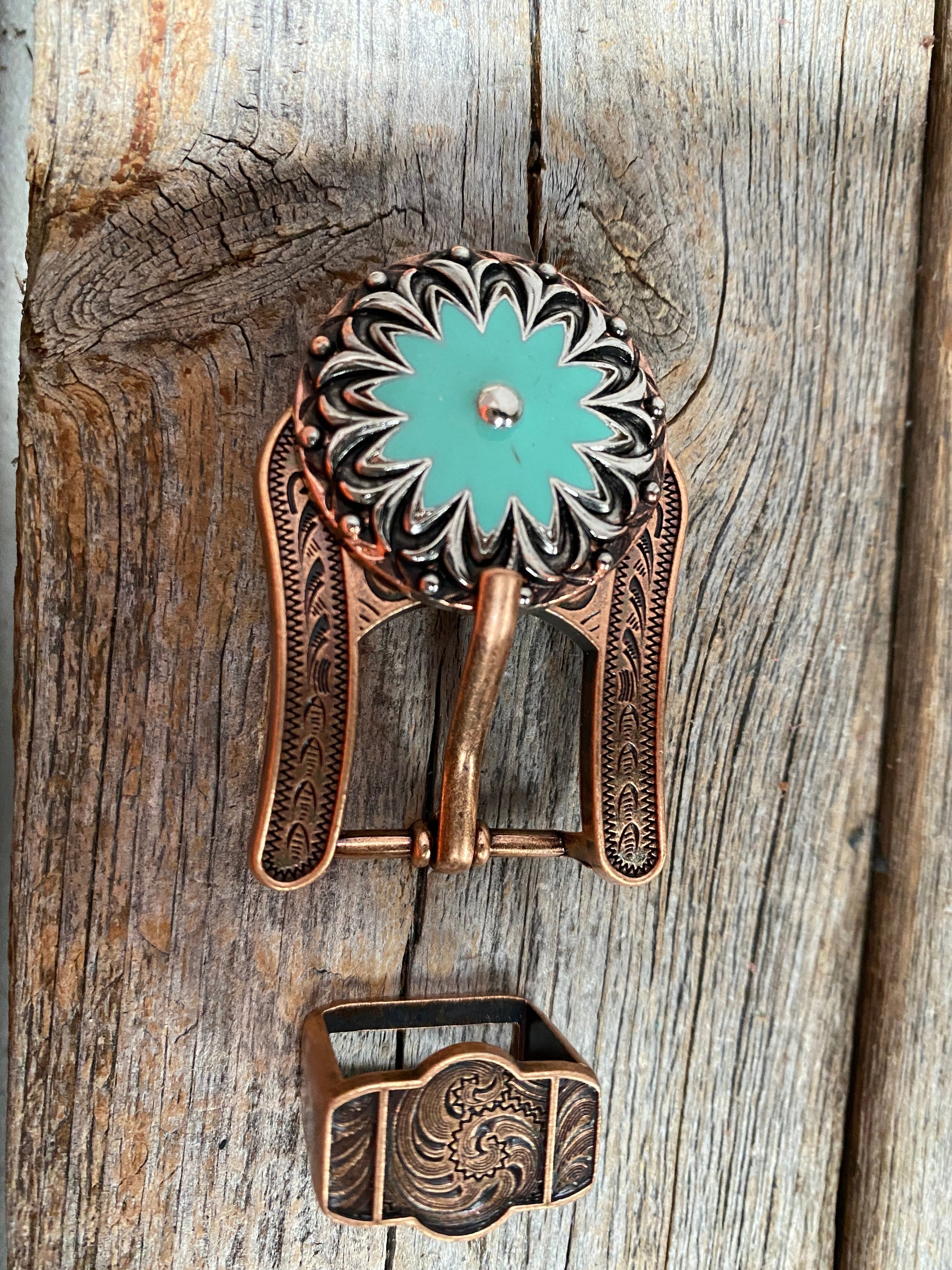 Copper &amp; Antique Silver Turquoise Flower Western Concho W122
