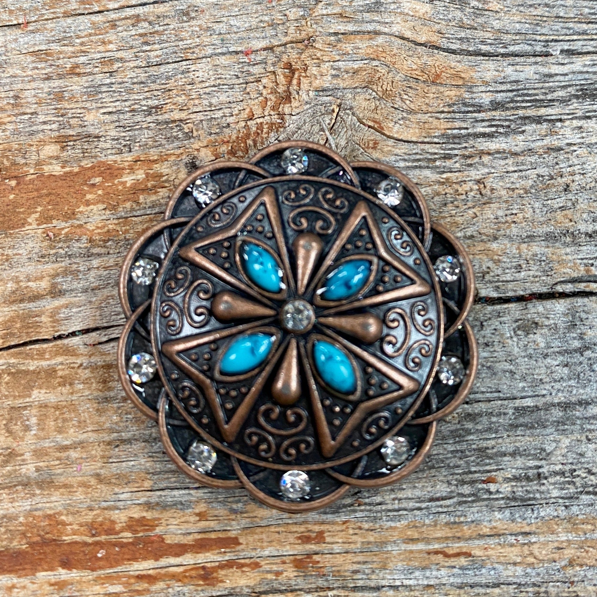 Copper Turquoise &amp; Clear Crystal Western Concho W138