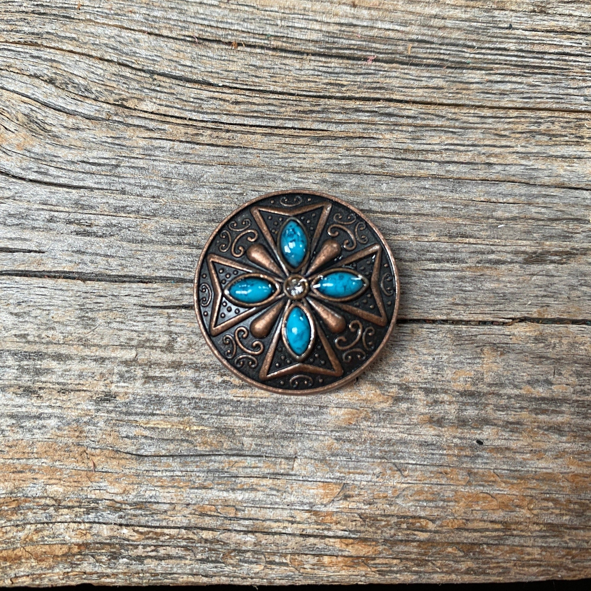 Copper Turquoise &amp; Clear Crystal Western Concho W138