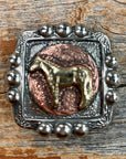 Antique Silver Square Concho with Gold Horse Western Concho W186