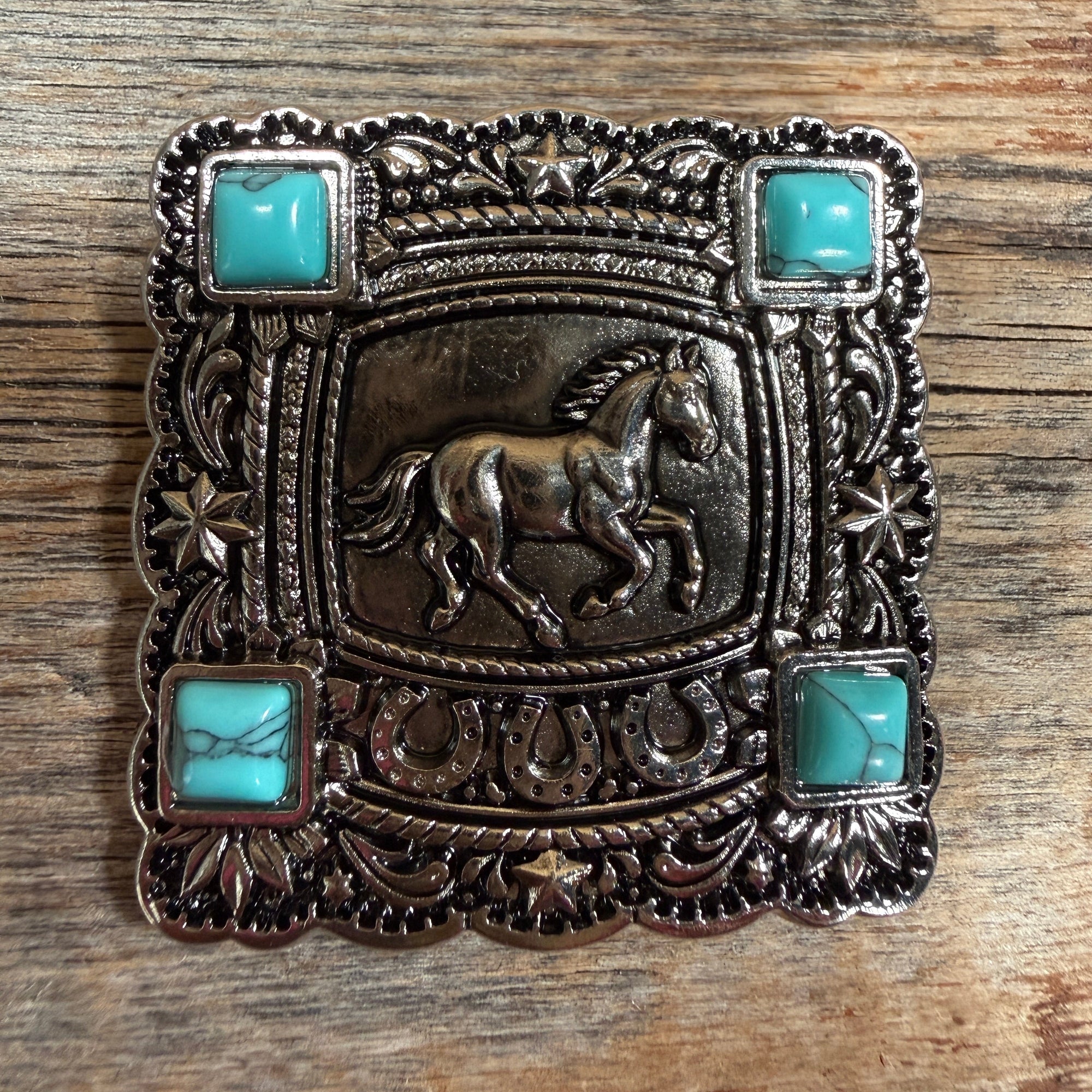 Antique Silver Horse &amp; Turquoise Square Western Concho W259L
