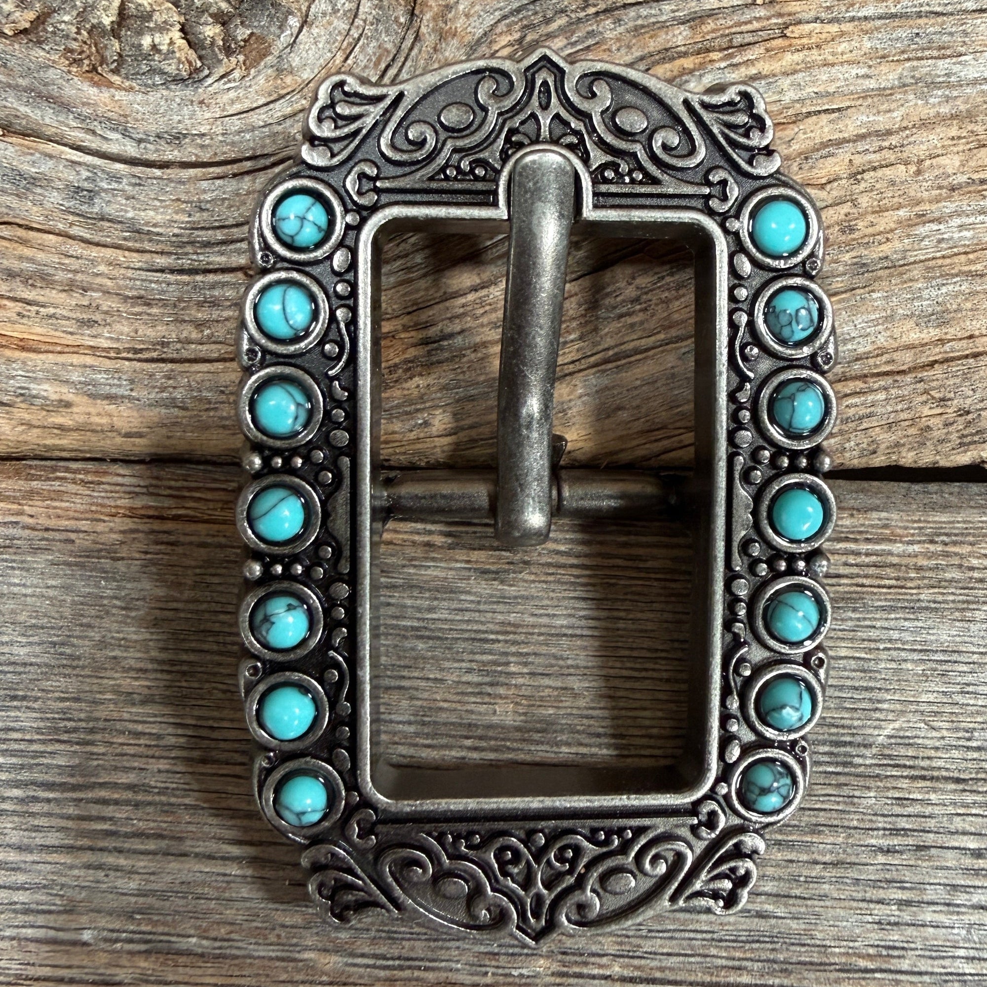 Ornate Antique Silver Cart Buckle with Turquoise Stones W271B