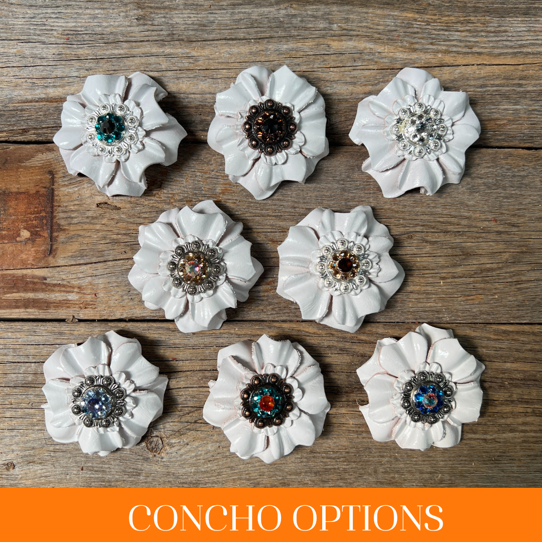 White Carnations Leather Flowers - 1" Crystal Conchos - Options
