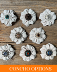 White Carnations Leather Flowers - 1" Crystal Conchos - Options