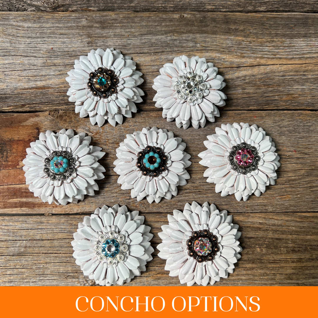 White Daisy Leather Flowers - 1" Crystal Conchos - Options