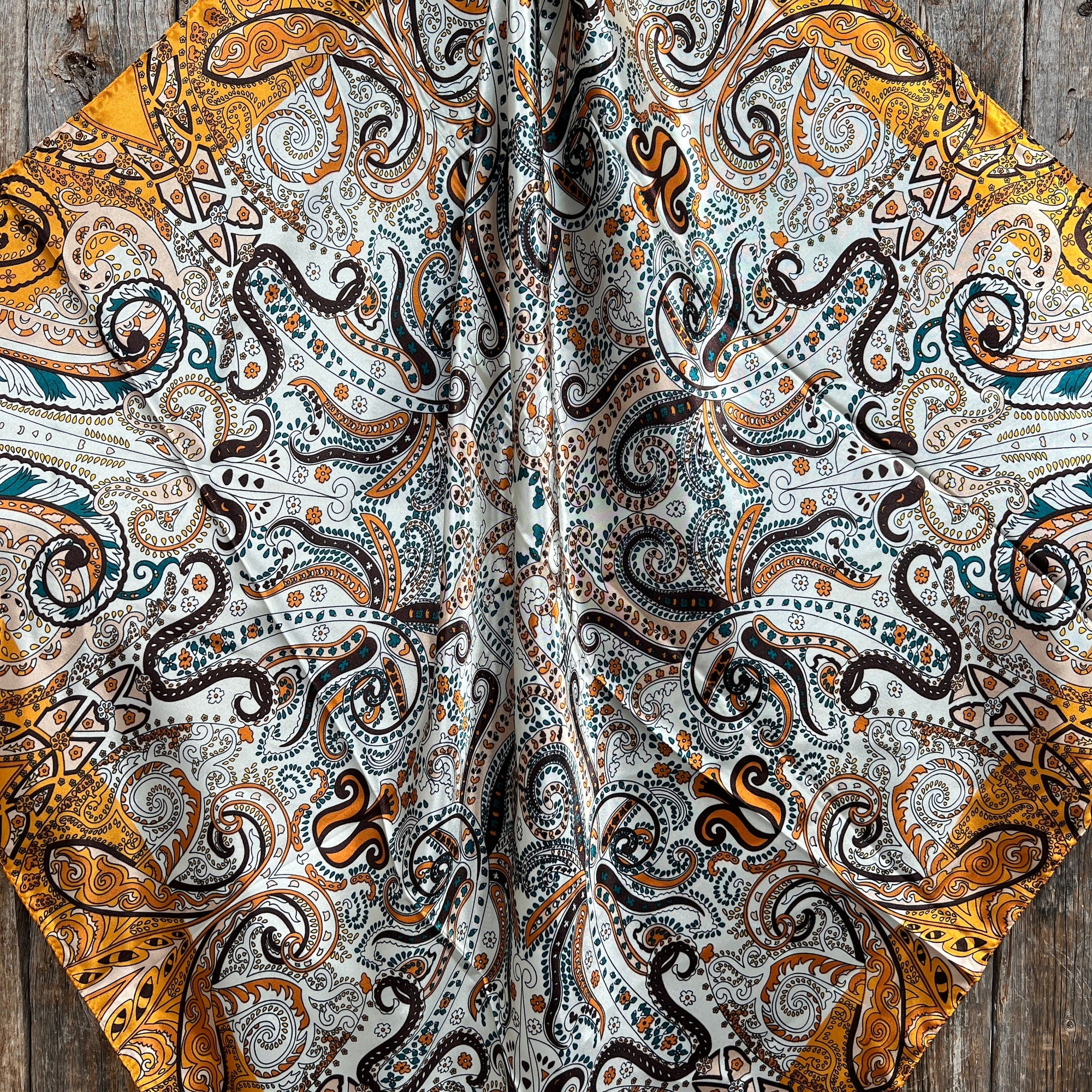 35X35" Golden, Green and Brown Paisley Wild Rag / Scarf -W132L Slide WRC1003A